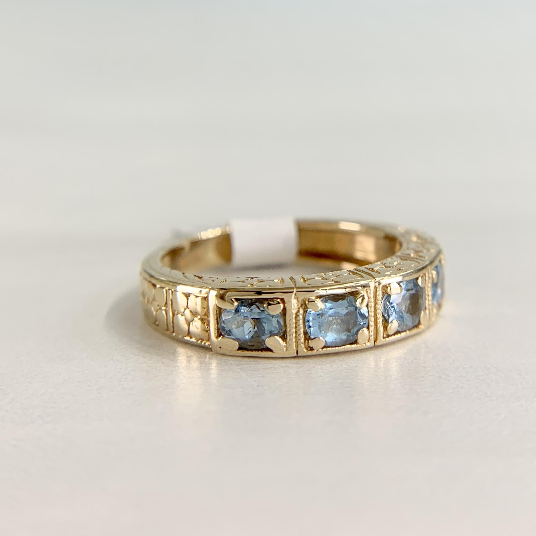 5 Stone Aquamarine Engraved Band Ring 14k Yellow Gold