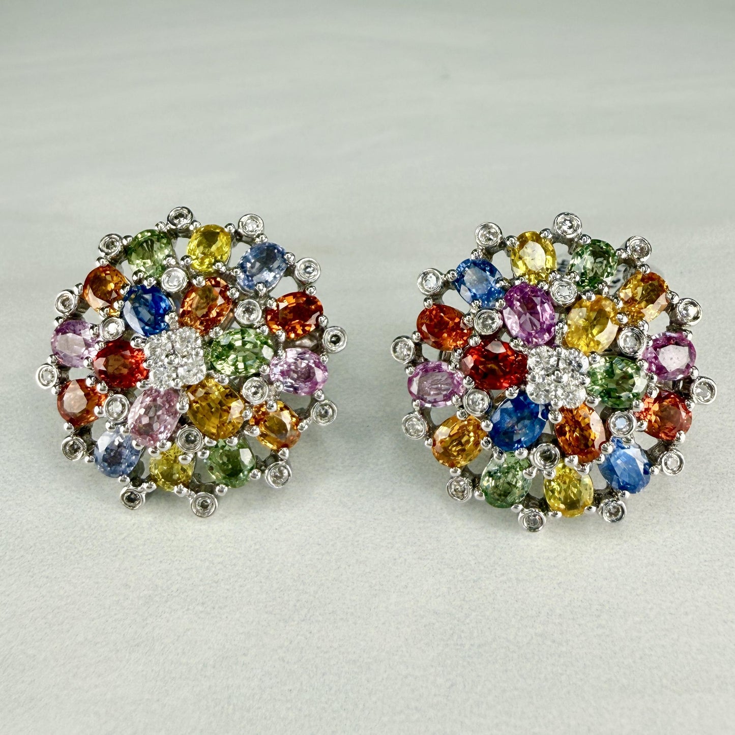 Multi-Color Sapphire and Diamond Cluster Earrings 18k White Gold