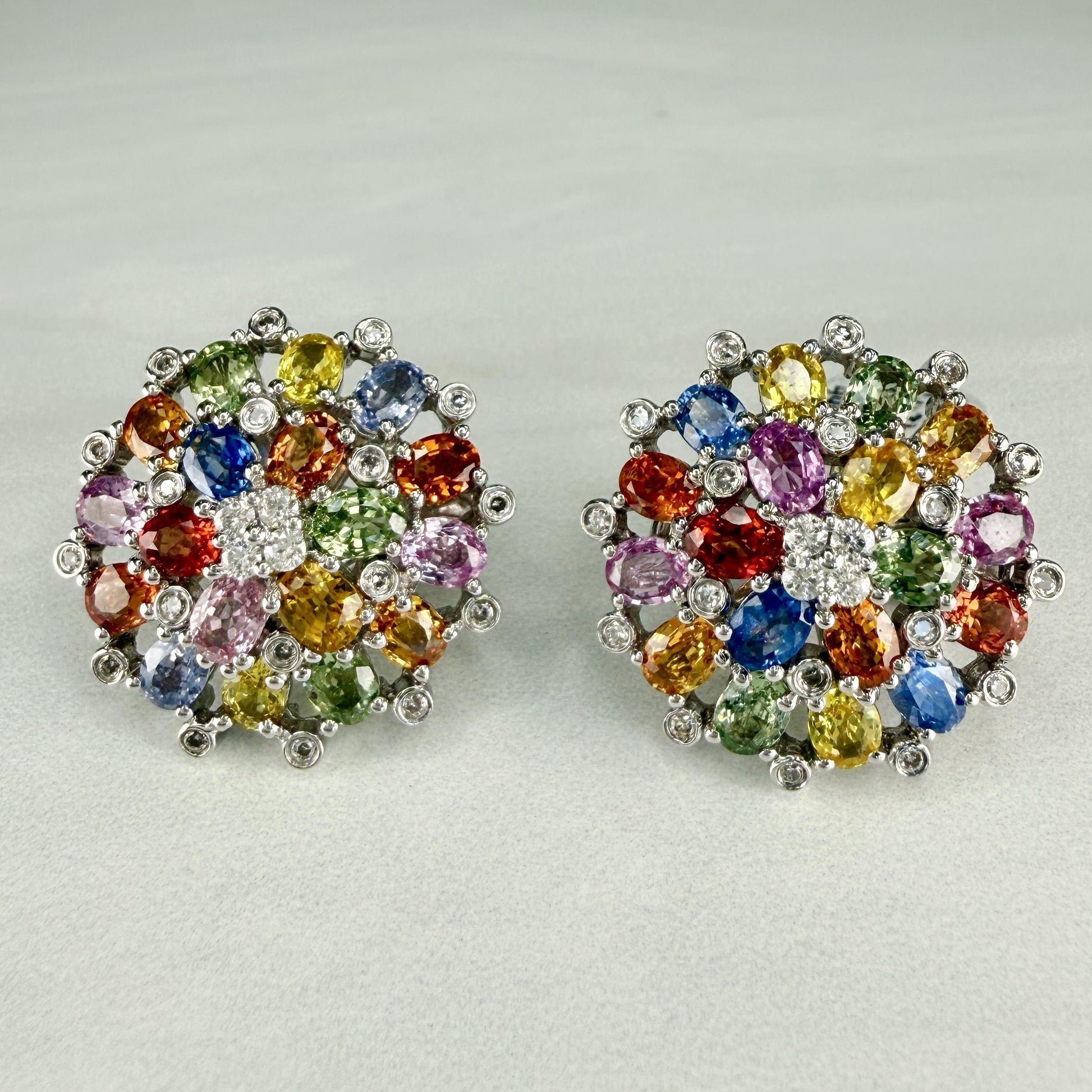 Multi-Color Sapphire and Diamond Cluster Earrings 18k White Gold