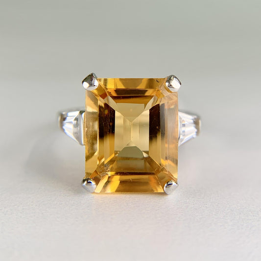 Emerald Cut Citrine and CZ Ring 14k White Gold