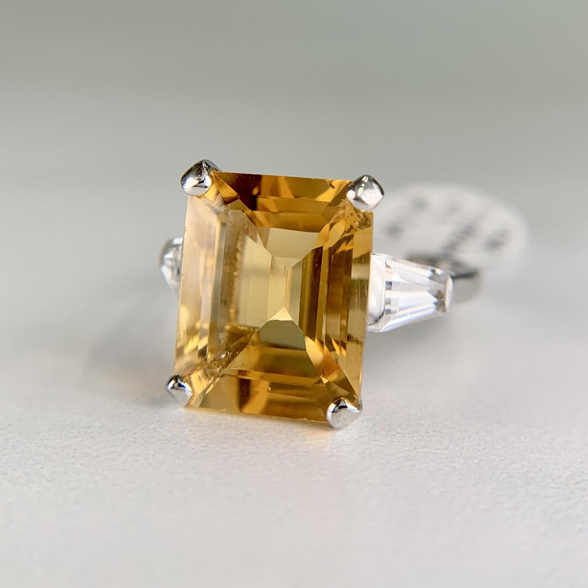 Emerald Cut Citrine and CZ Ring 14k White Gold