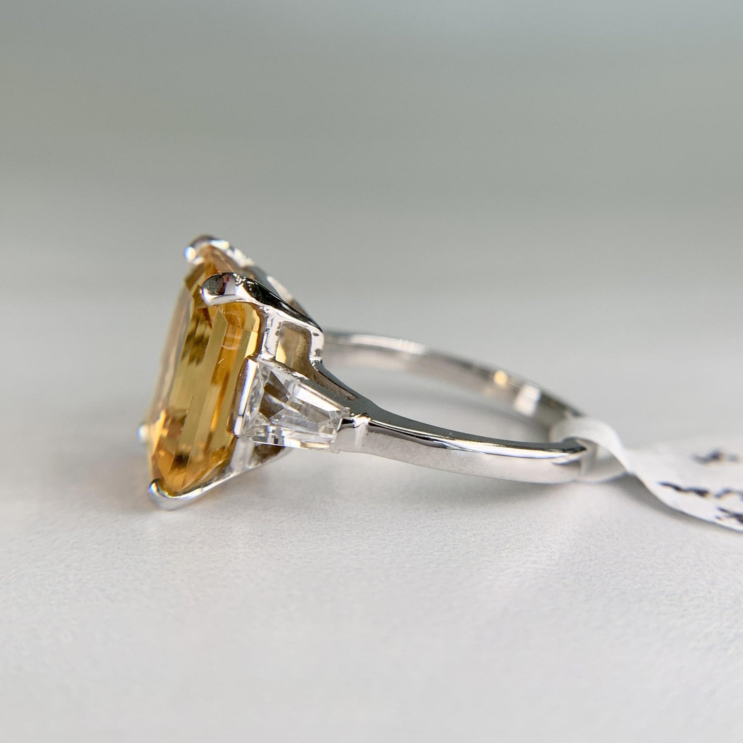 Emerald Cut Citrine and CZ Ring 14k White Gold