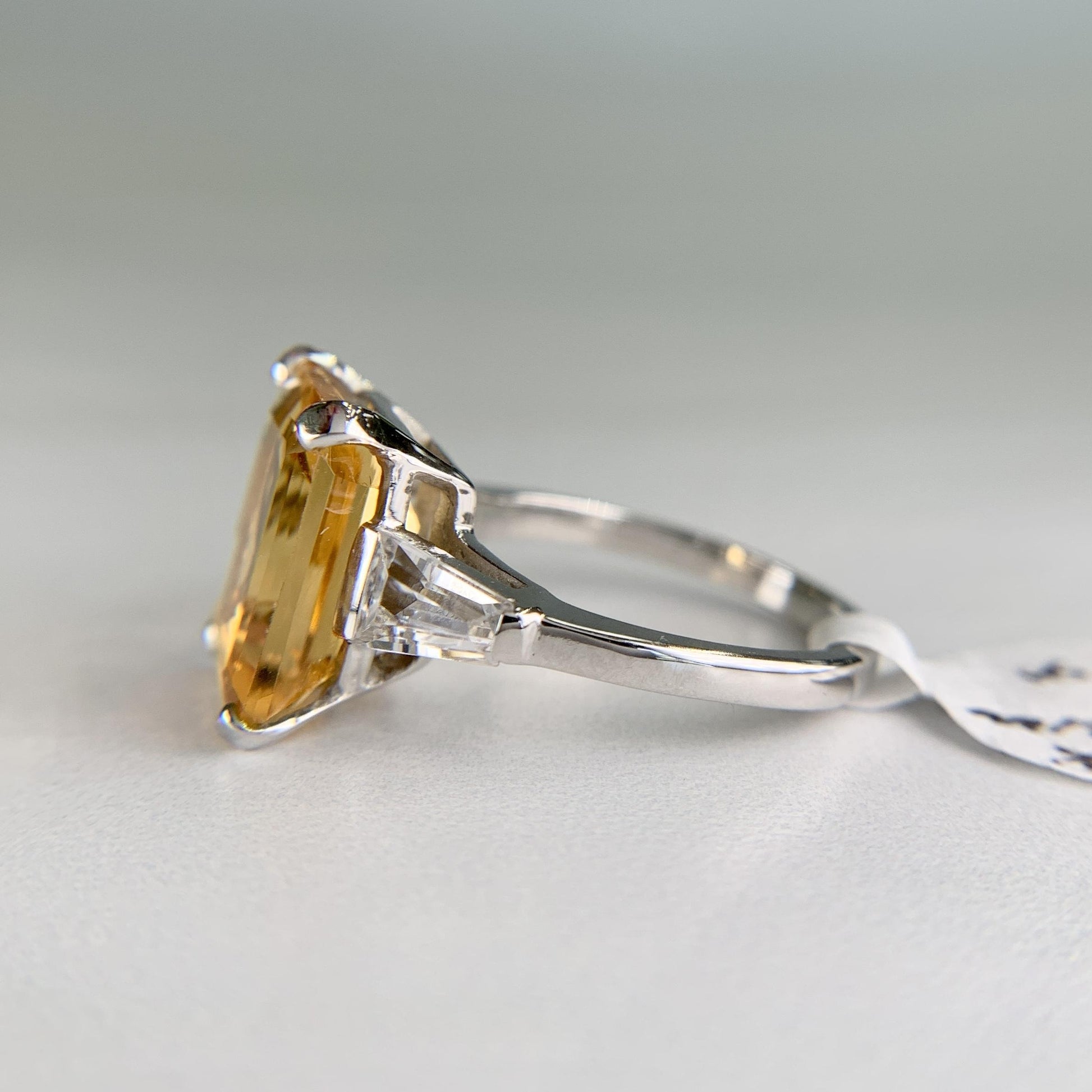 Emerald Cut Citrine and CZ Ring 14k White Gold