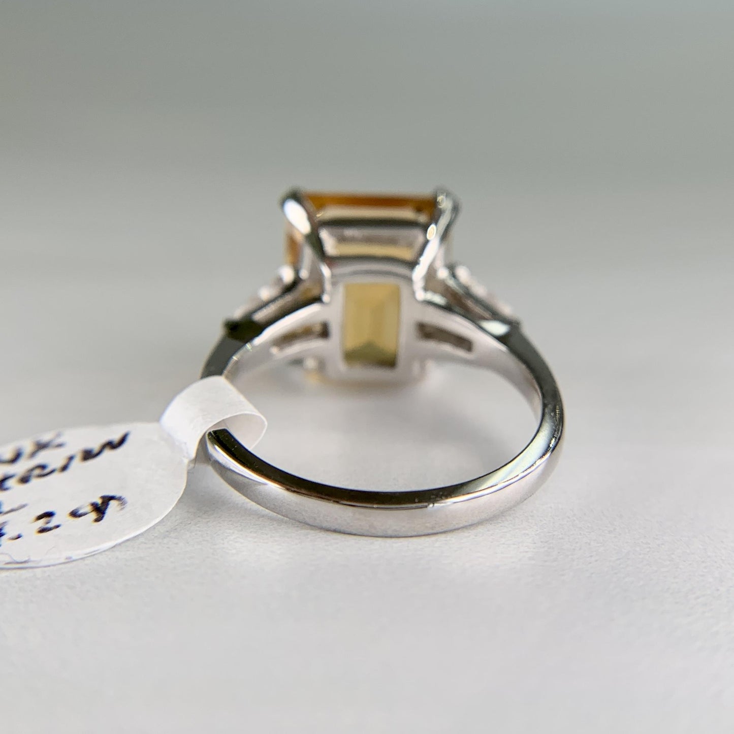 Emerald Cut Citrine and CZ Ring 14k White Gold