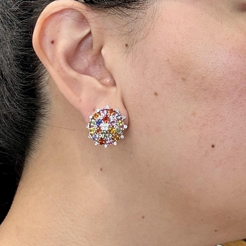 Multi-Color Sapphire and Diamond Cluster Earrings 18k White Gold