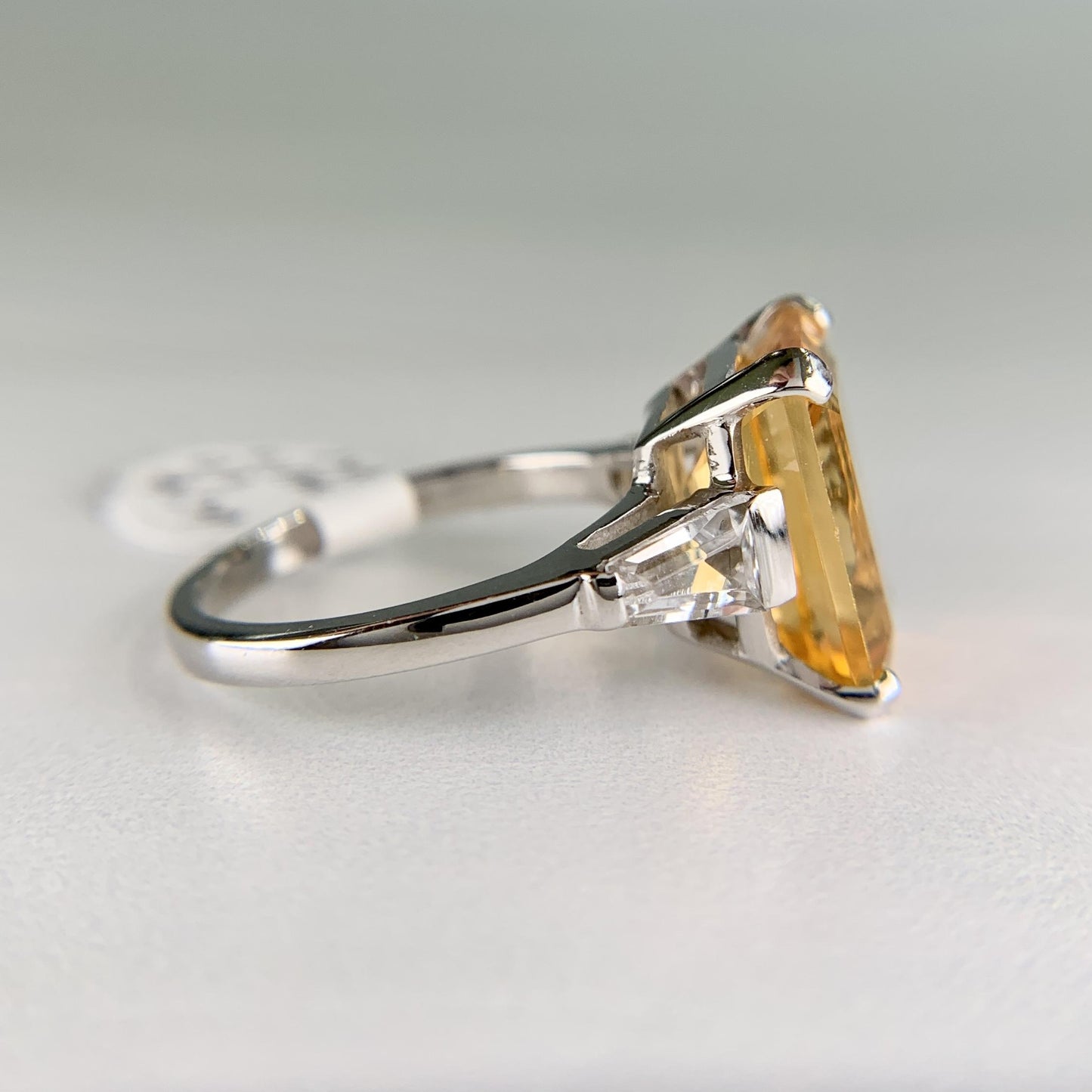 Emerald Cut Citrine and CZ Ring 14k White Gold