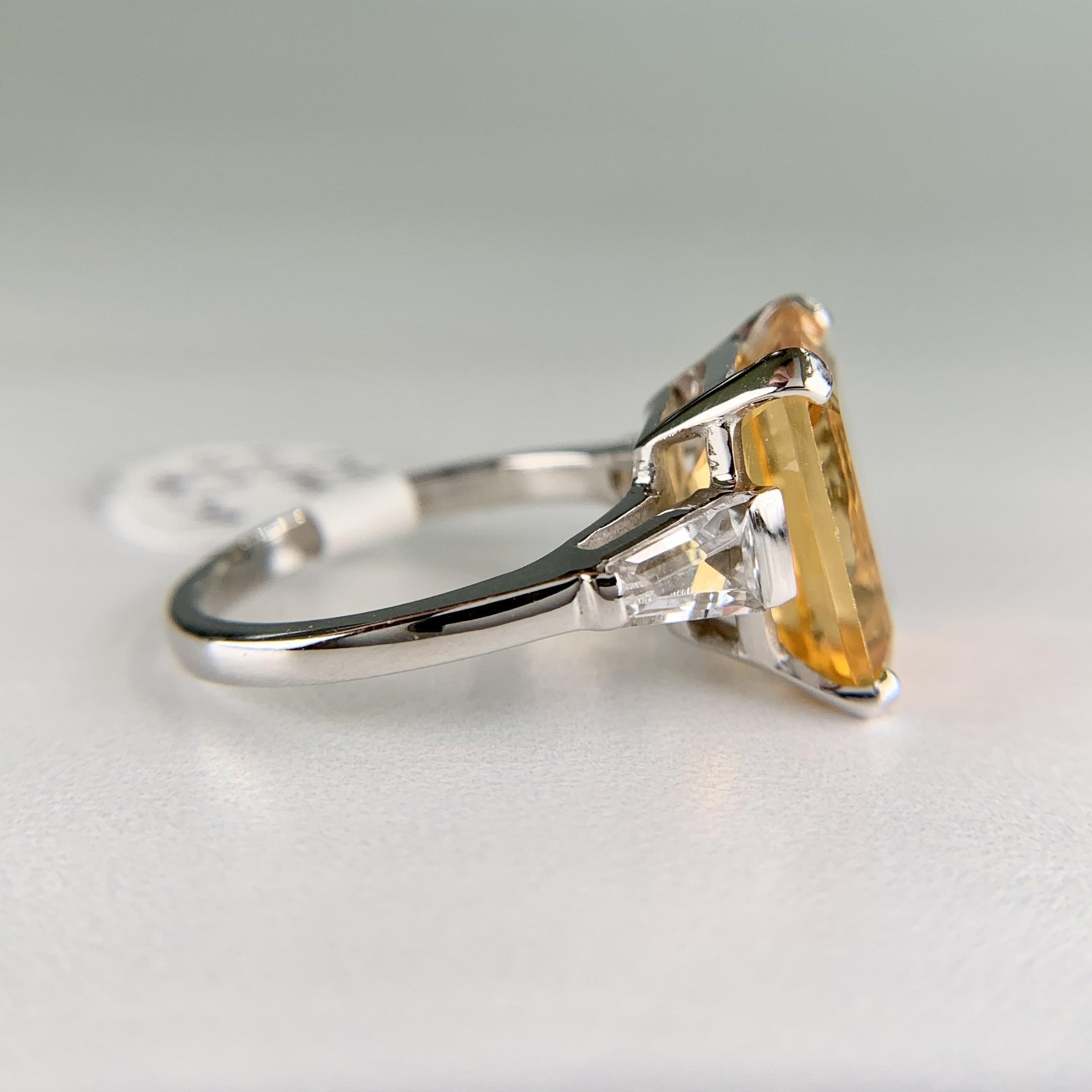 Emerald Cut Citrine and CZ Ring 14k White Gold