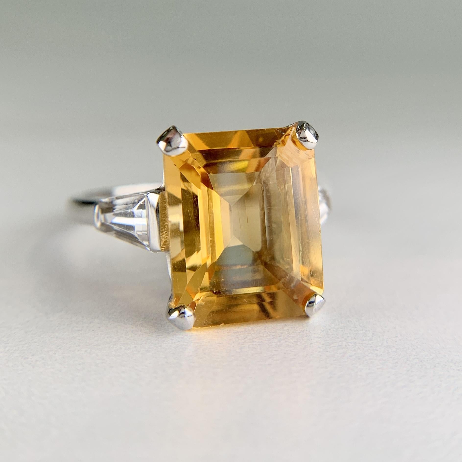 Emerald Cut Citrine and CZ Ring 14k White Gold