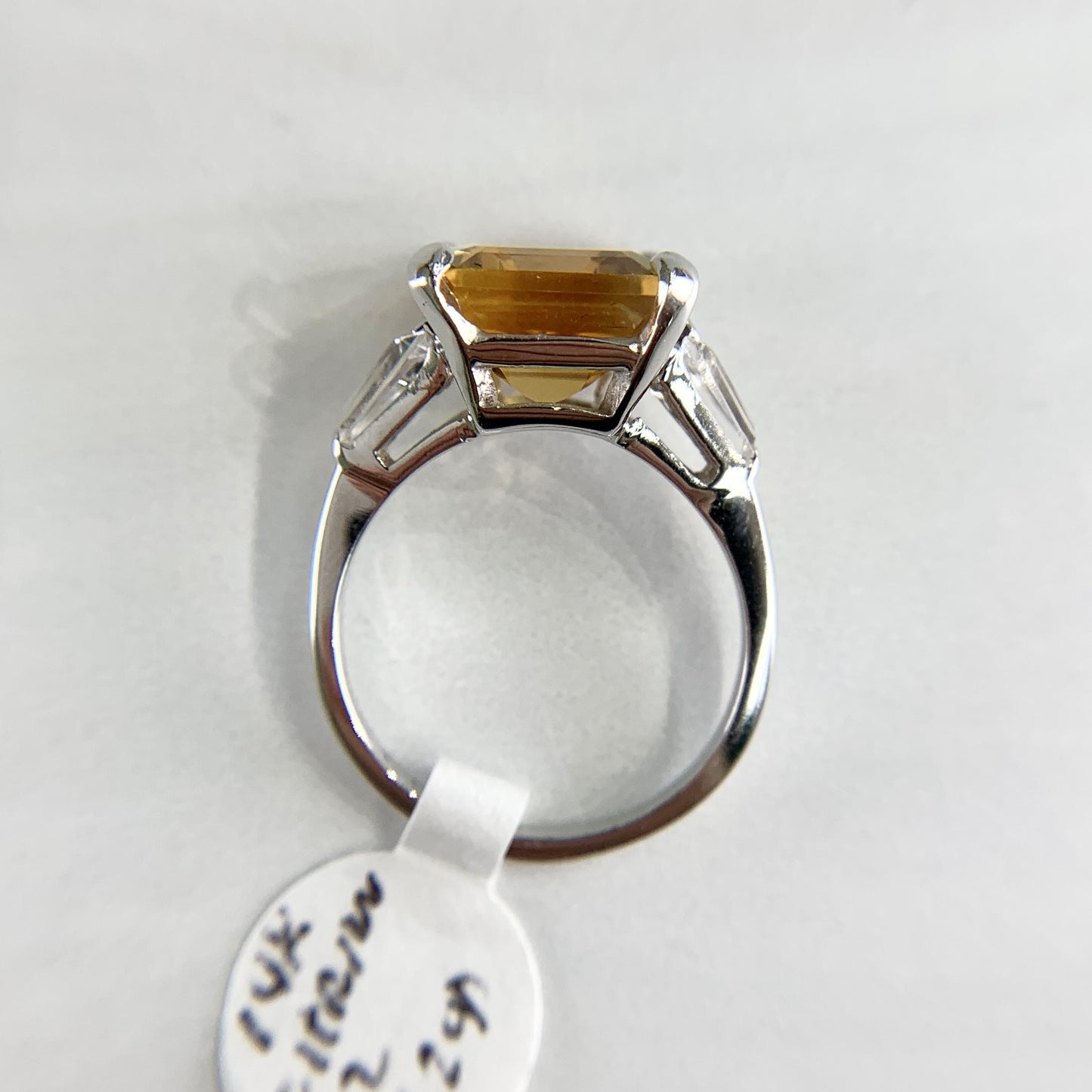 Emerald Cut Citrine and CZ Ring 14k White Gold
