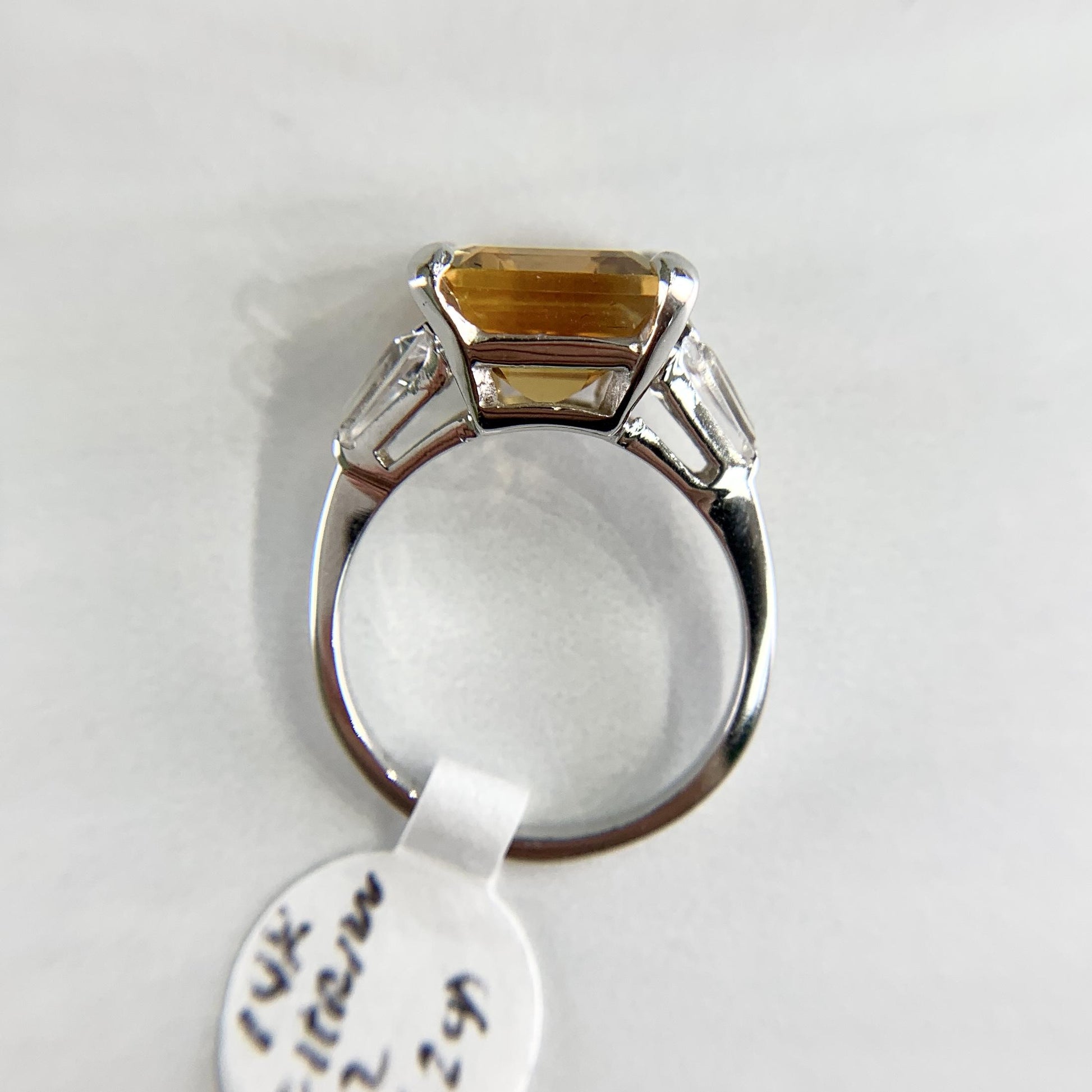 Emerald Cut Citrine and CZ Ring 14k White Gold