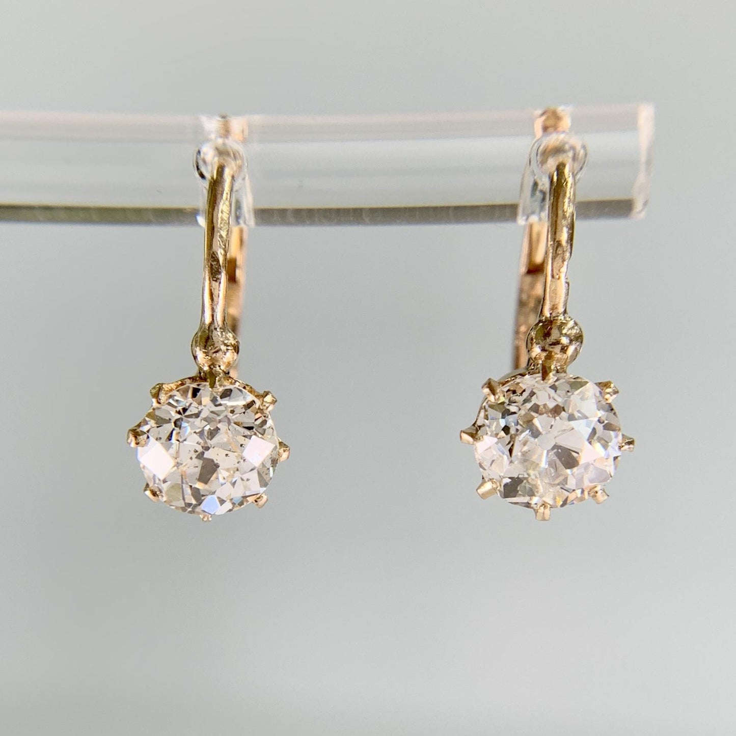 French Antique Old Mine Cut Diamond Drop Earrings 18k Yellow Gold