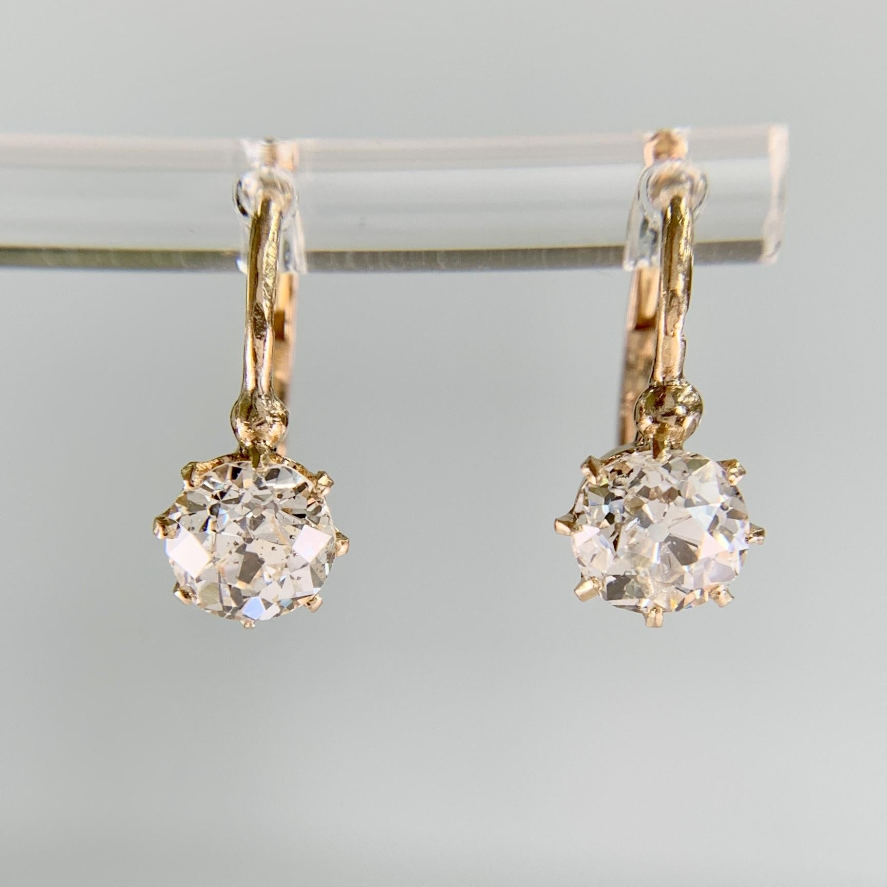 French Antique Old Mine Cut Diamond Drop Earrings 18k Yellow Gold