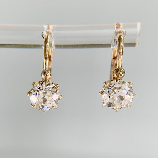 French Antique Old Mine Cut Diamond Drop Earrings 18k Yellow Gold