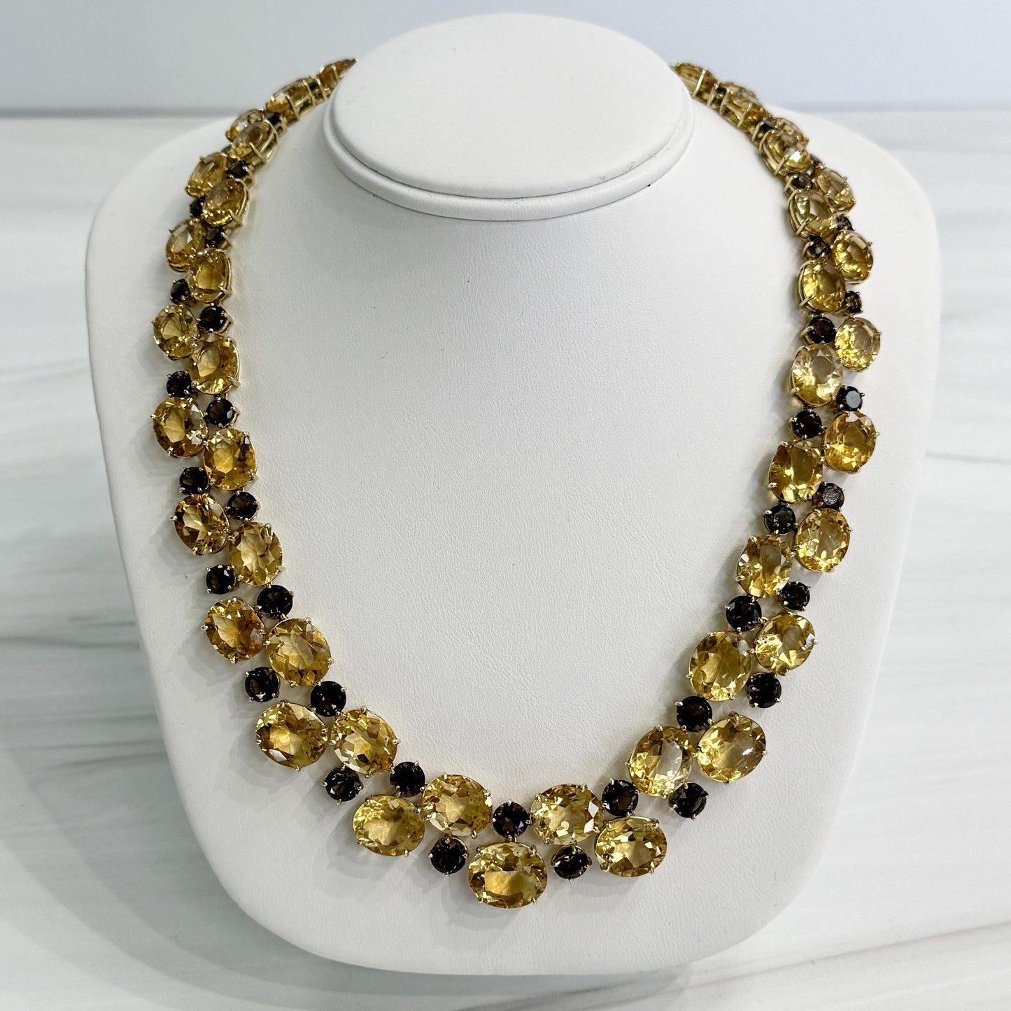Vintage 1980's Citrine and Smoky Quartz Statement Necklace 18k Yellow Gold