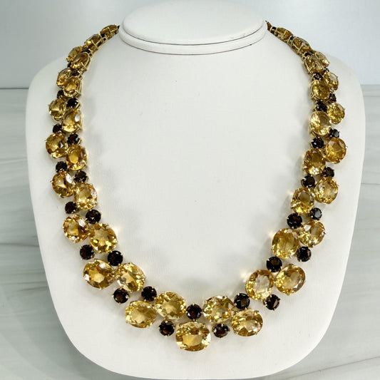 Vintage 1980's Citrine and Smoky Quartz Statement Necklace 18k Yellow Gold