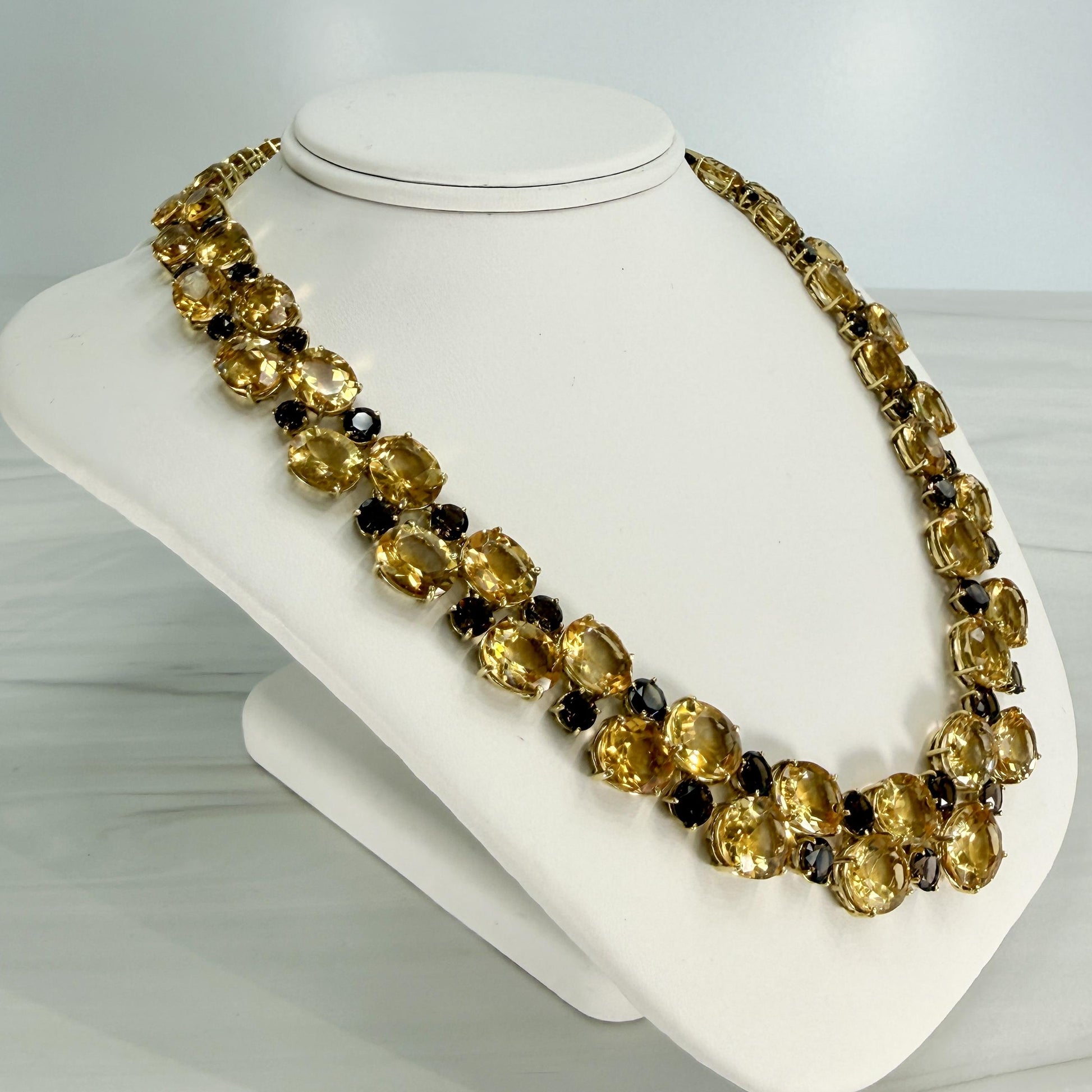 Vintage 1980's Citrine and Smoky Quartz Statement Necklace 18k Yellow Gold