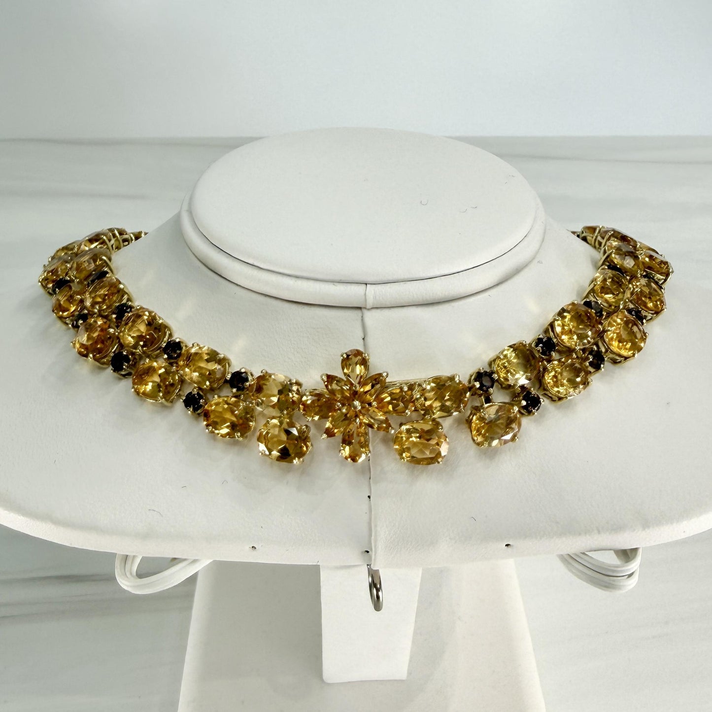 Vintage 1980's Citrine and Smoky Quartz Statement Necklace 18k Yellow Gold