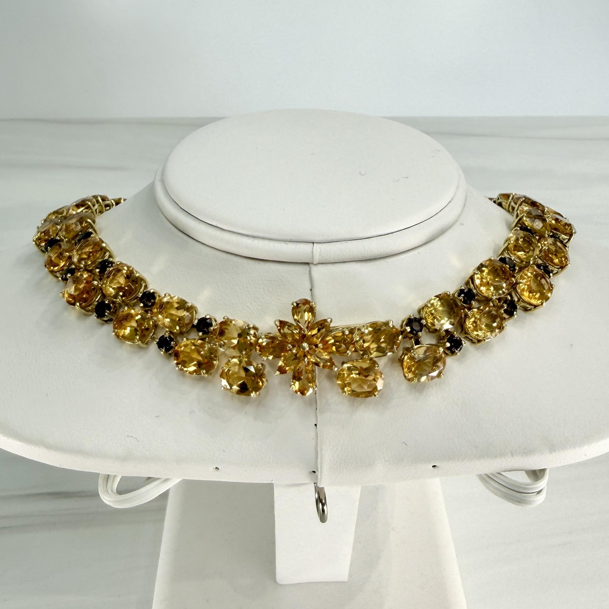 Vintage 1980's Citrine and Smoky Quartz Statement Necklace 18k Yellow Gold