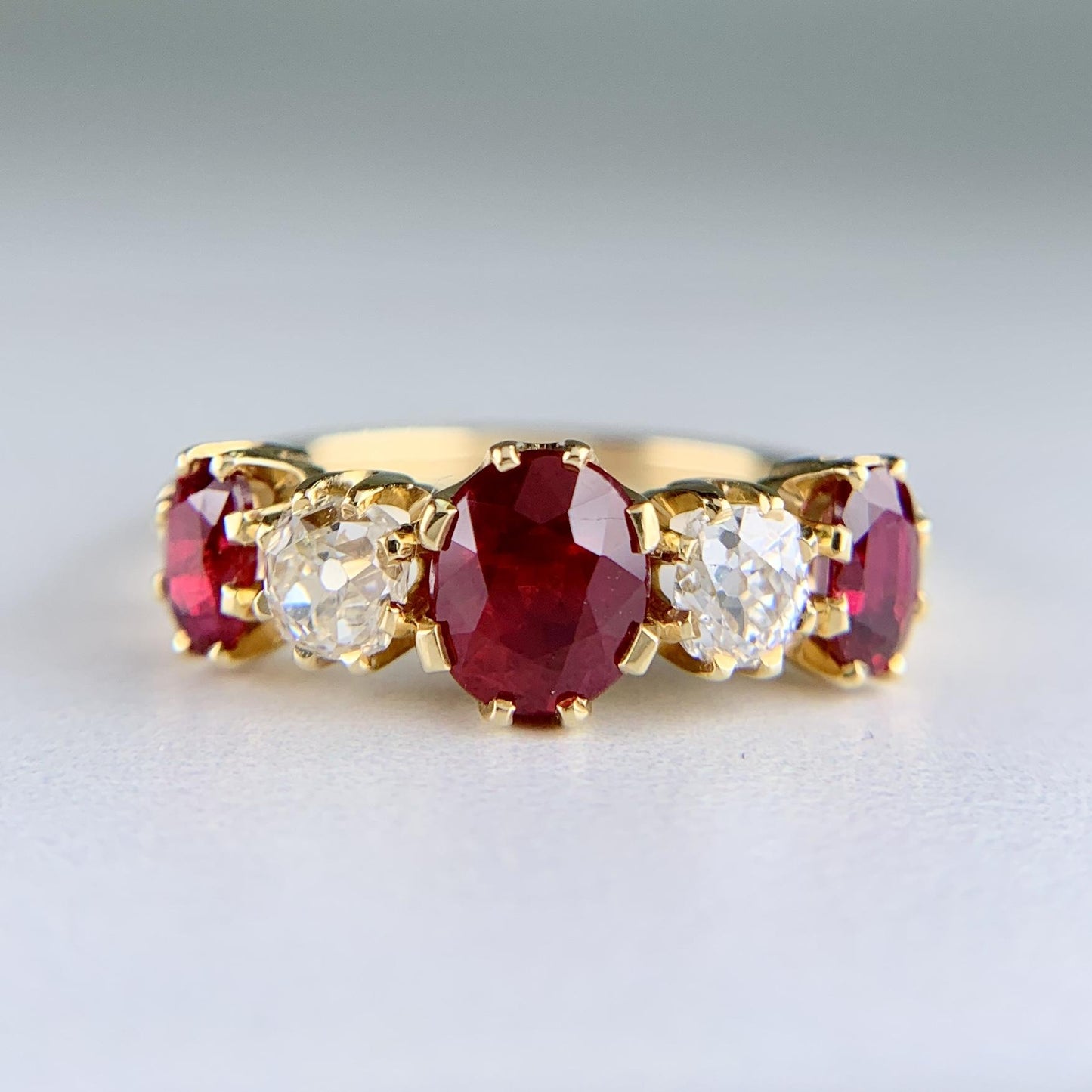 Antique 1910 Edwardian Ruby and Old Mine Cut Diamond Band Ring 18k Yellow Gold