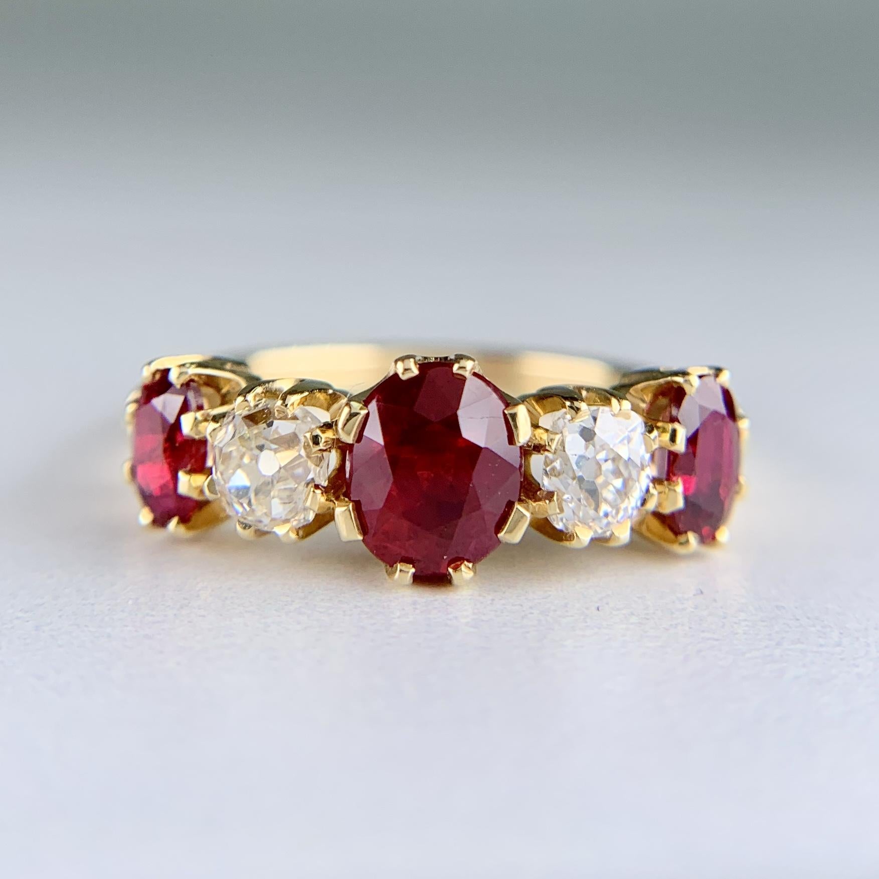 Antique 1910 Edwardian Ruby and Old Mine Cut Diamond Band Ring 18k Yellow Gold