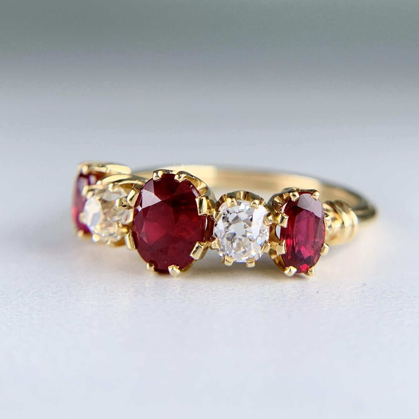 Antique 1910 Edwardian Ruby and Old Mine Cut Diamond Band Ring 18k Yellow Gold