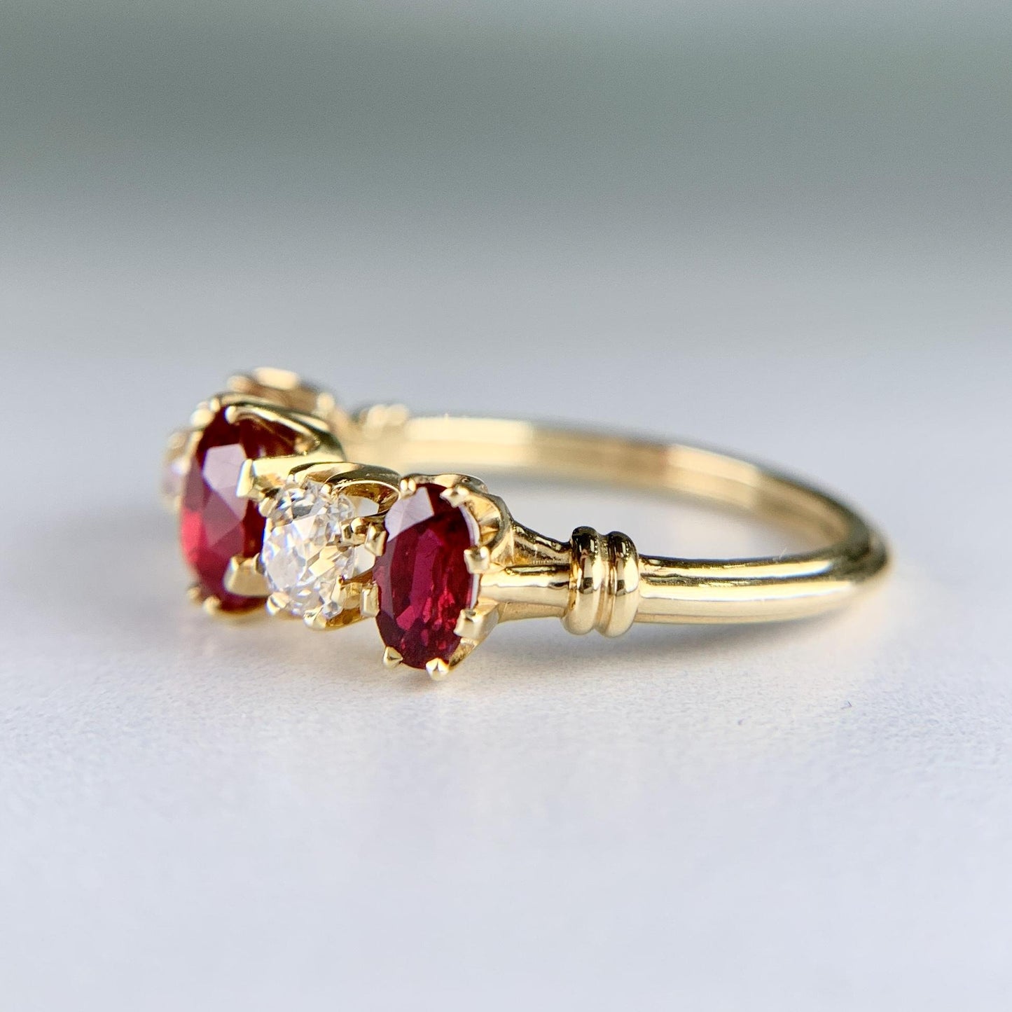 Antique 1910 Edwardian Ruby and Old Mine Cut Diamond Band Ring 18k Yellow Gold