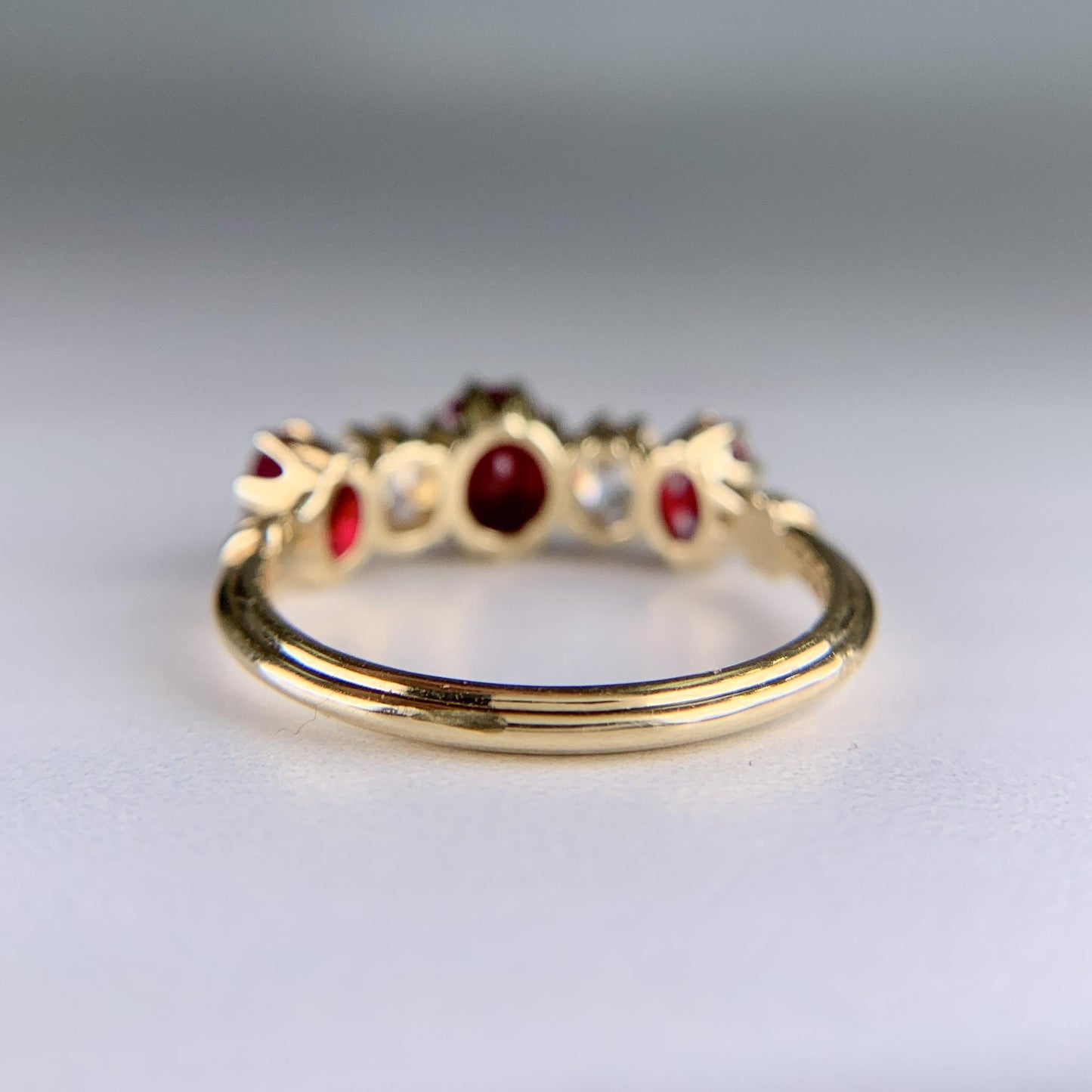 Antique 1910 Edwardian Ruby and Old Mine Cut Diamond Band Ring 18k Yellow Gold