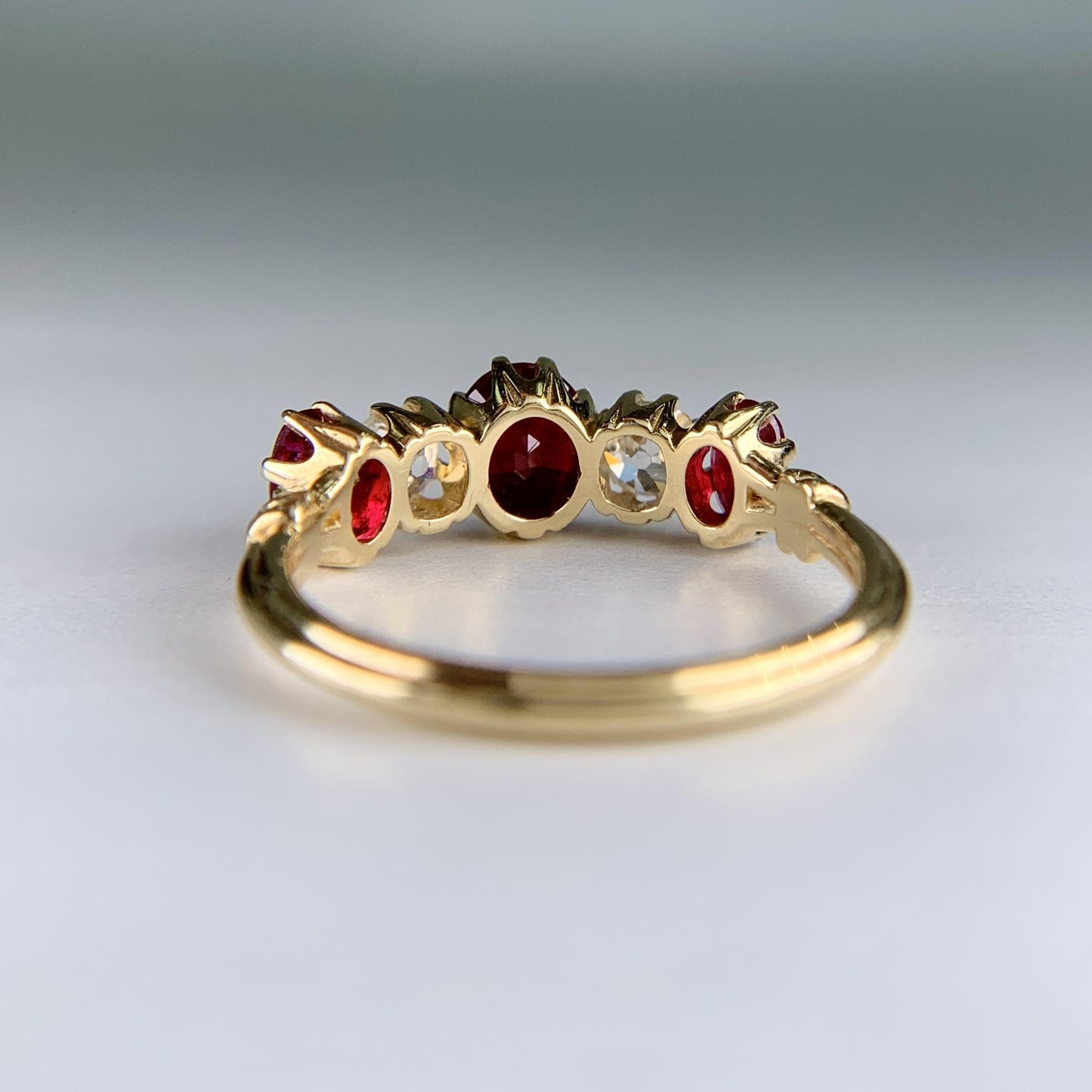 Antique 1910 Edwardian Ruby and Old Mine Cut Diamond Band Ring 18k Yellow Gold