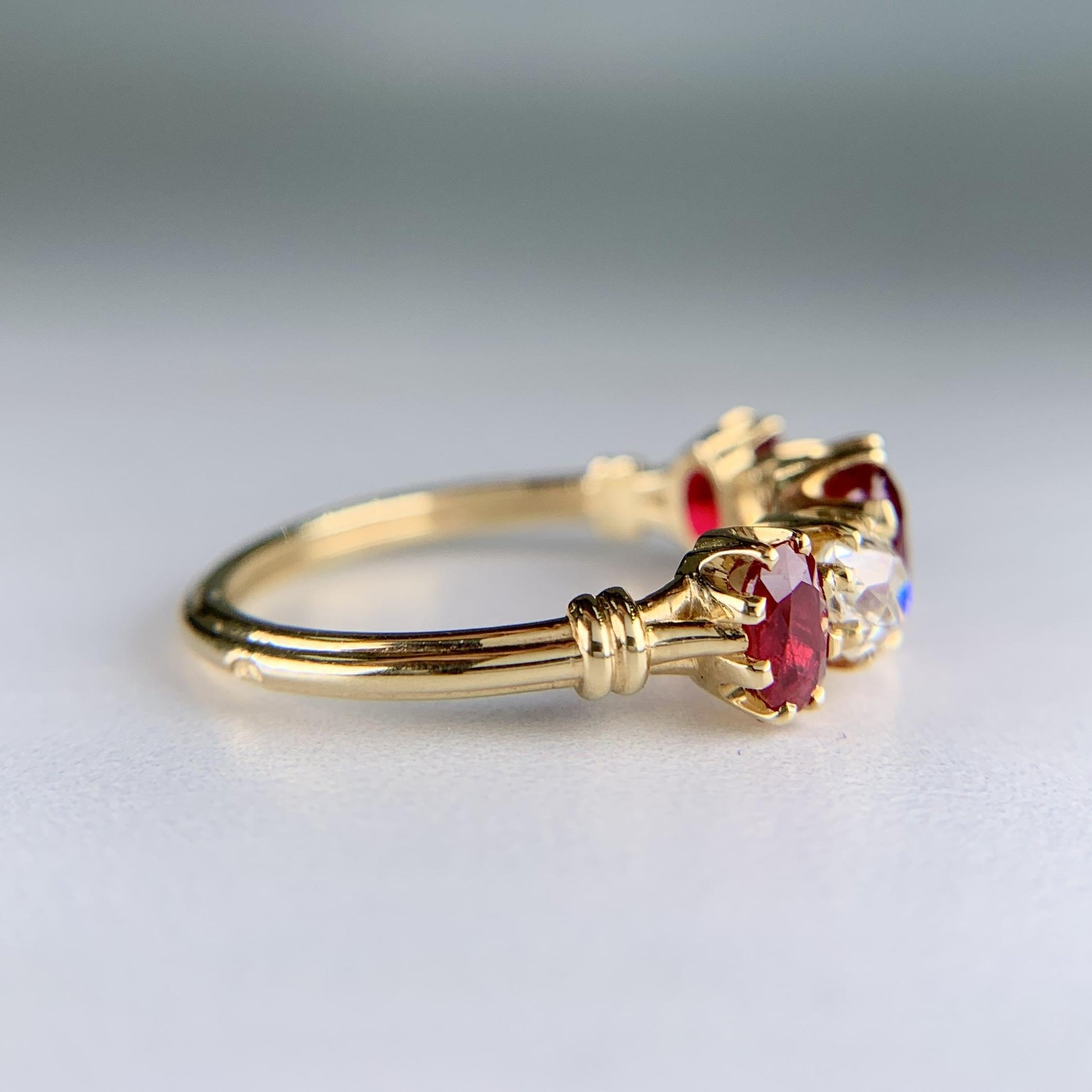 Antique 1910 Edwardian Ruby and Old Mine Cut Diamond Band Ring 18k Yellow Gold