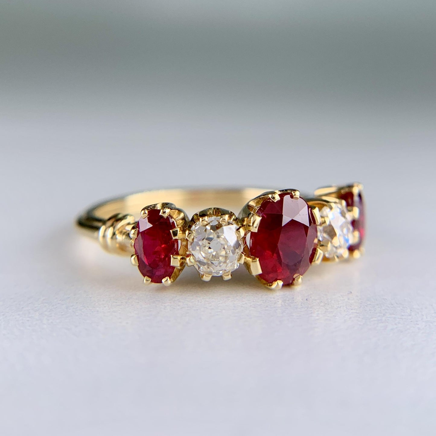 Antique 1910 Edwardian Ruby and Old Mine Cut Diamond Band Ring 18k Yellow Gold