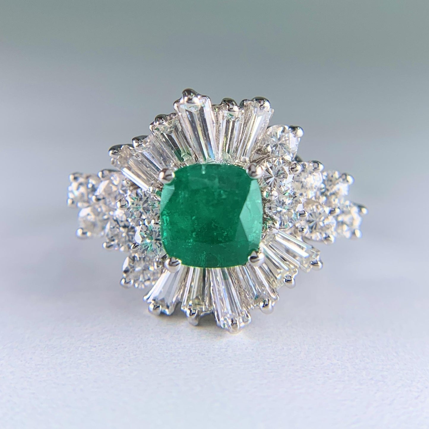 1960's Columbian Emerald and Diamond Ballerina Ring 14k White Gold