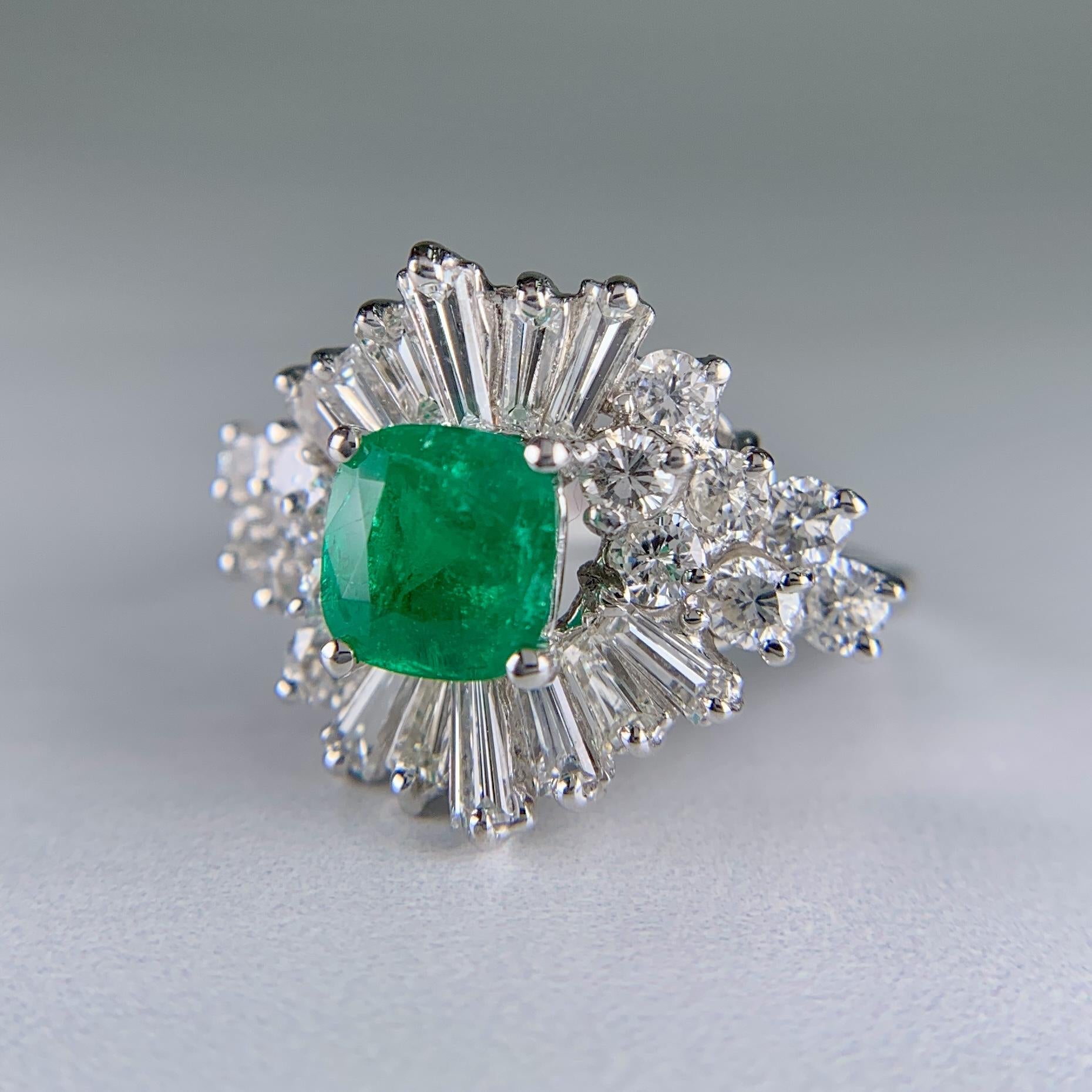 1960's Columbian Emerald and Diamond Ballerina Ring 14k White Gold