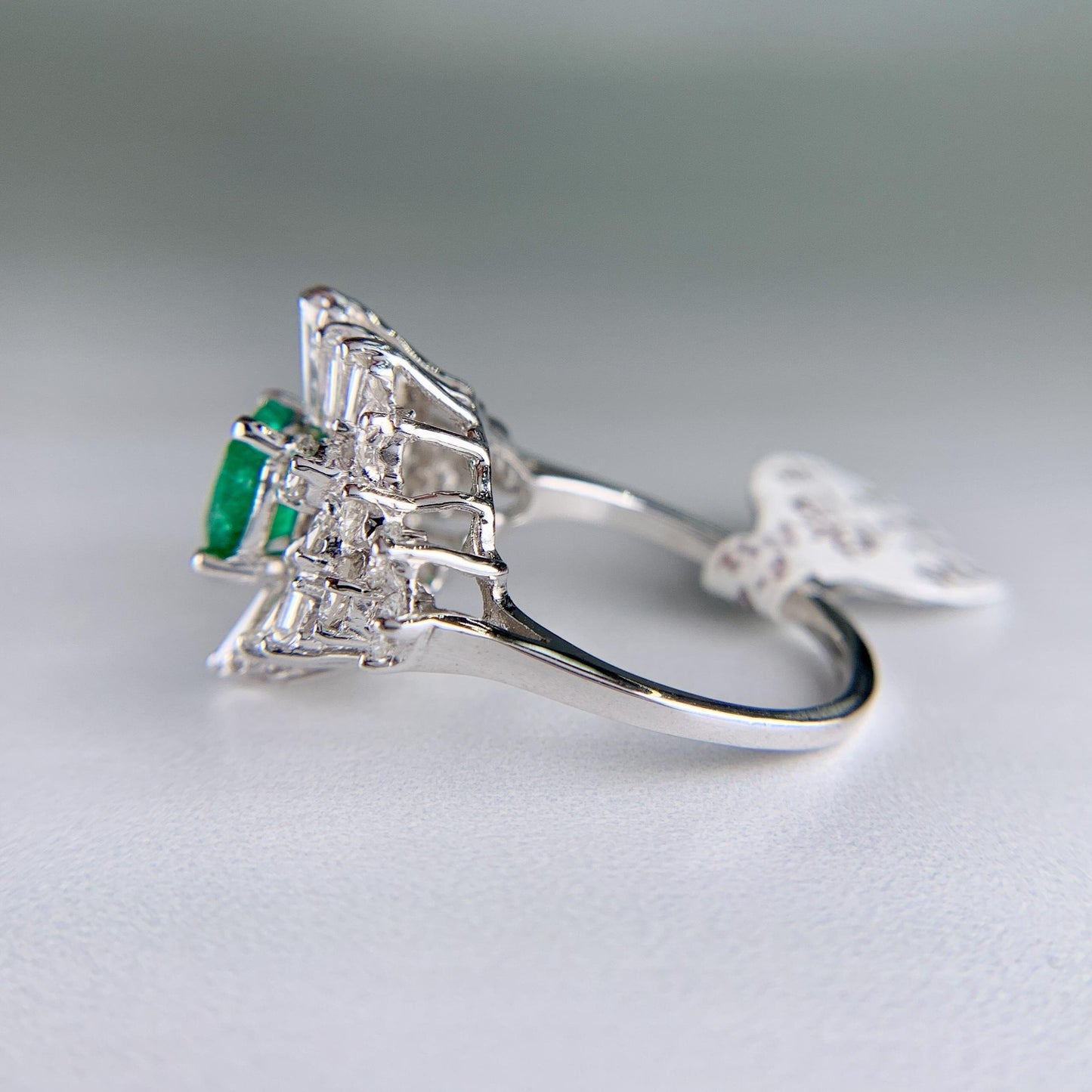 1960's Columbian Emerald and Diamond Ballerina Ring 14k White Gold