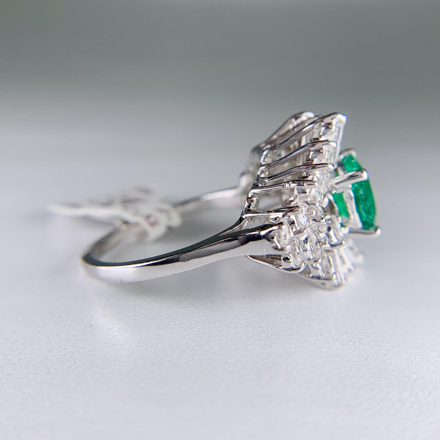 1960's Columbian Emerald and Diamond Ballerina Ring 14k White Gold