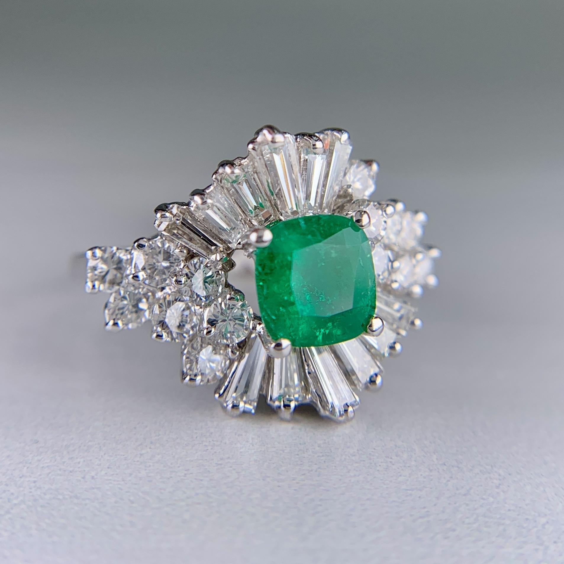 1960's Columbian Emerald and Diamond Ballerina Ring 14k White Gold