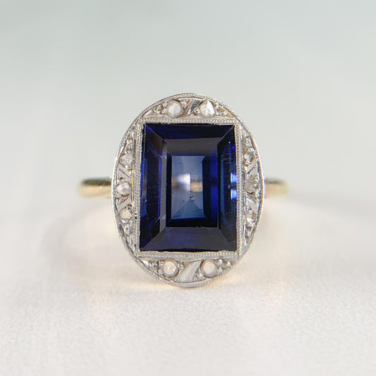 Antique 1930's Lab Grown Sapphire and Rose Cut Diamond Ring 18k Gold