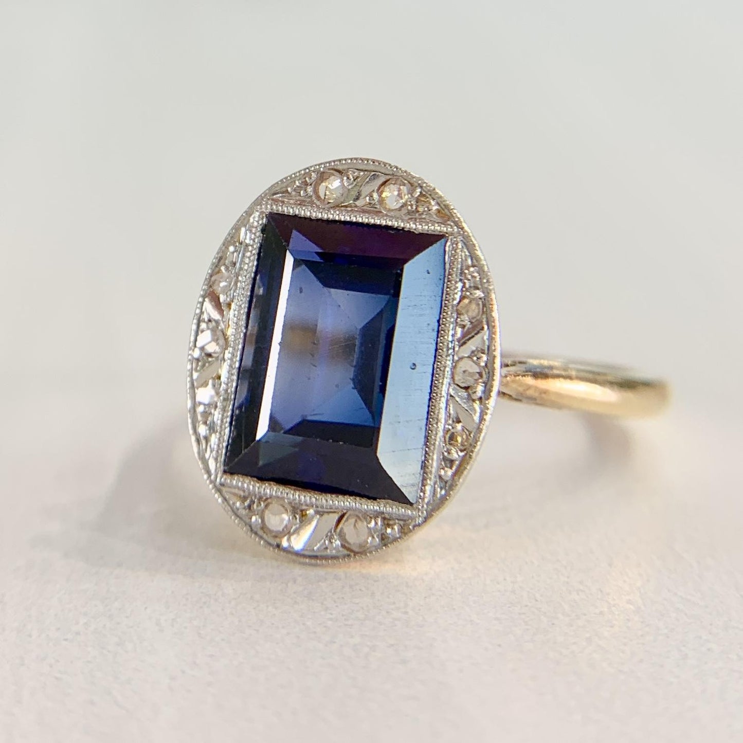 Antique 1930's Lab Grown Sapphire and Rose Cut Diamond Ring 18k Gold