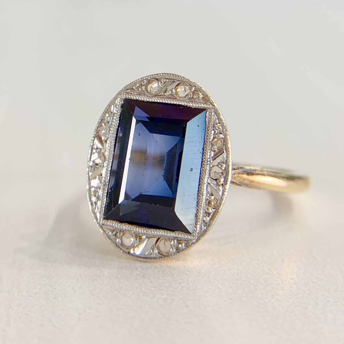 Antique 1930's Lab Grown Sapphire and Rose Cut Diamond Ring 18k Gold