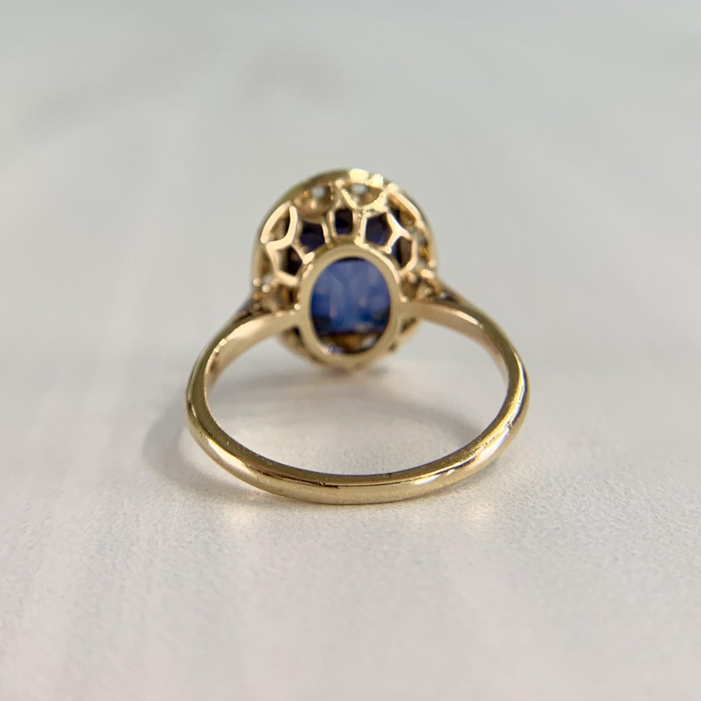 Antique 1930's Lab Grown Sapphire and Rose Cut Diamond Ring 18k Gold