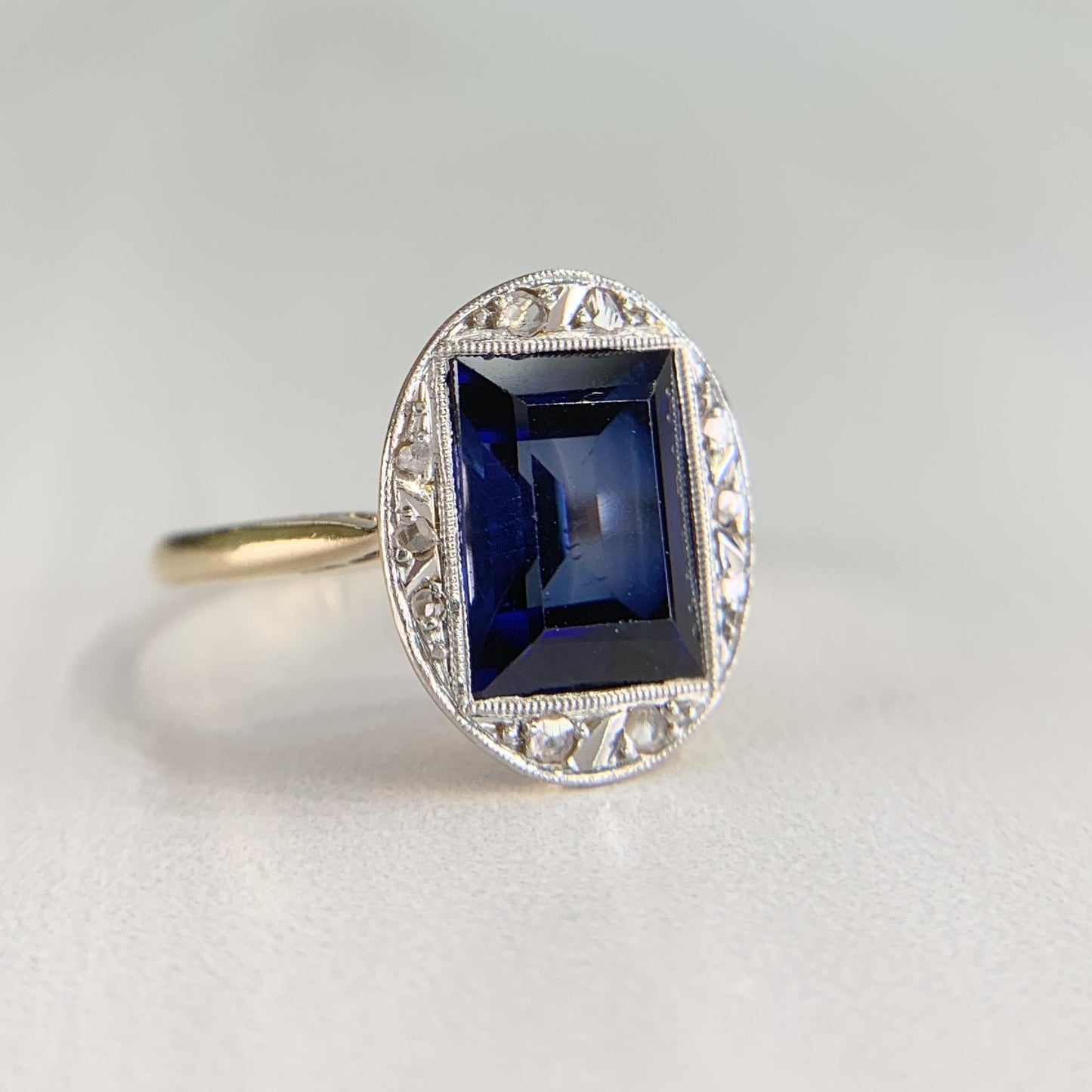 Antique 1930's Lab Grown Sapphire and Rose Cut Diamond Ring 18k Gold