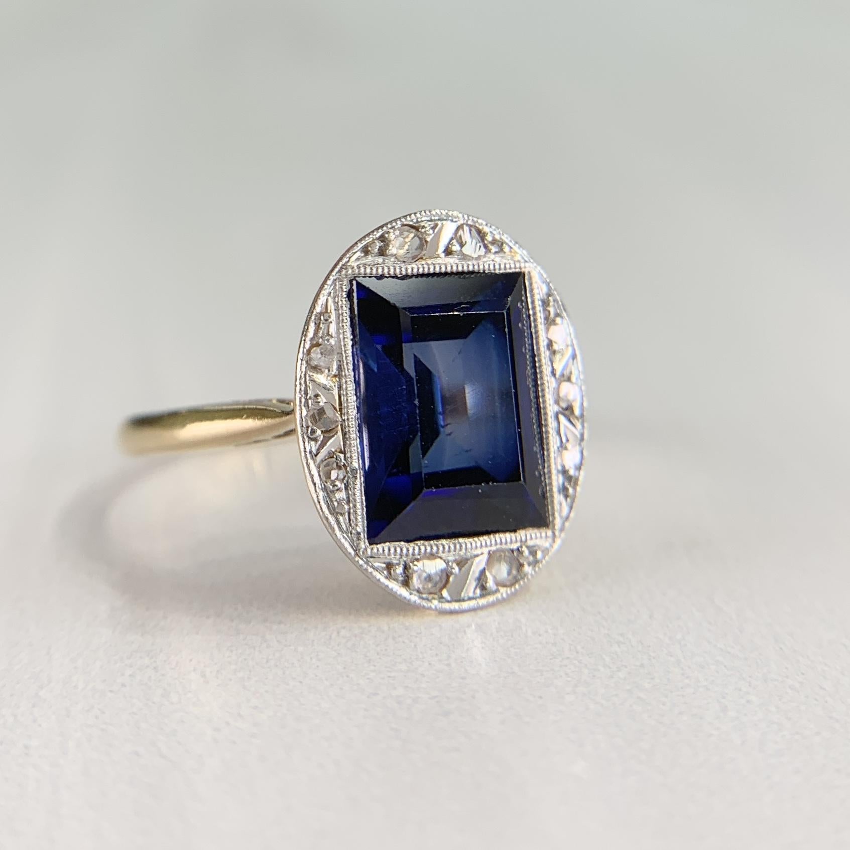 Antique 1930's Lab Grown Sapphire and Rose Cut Diamond Ring 18k Gold