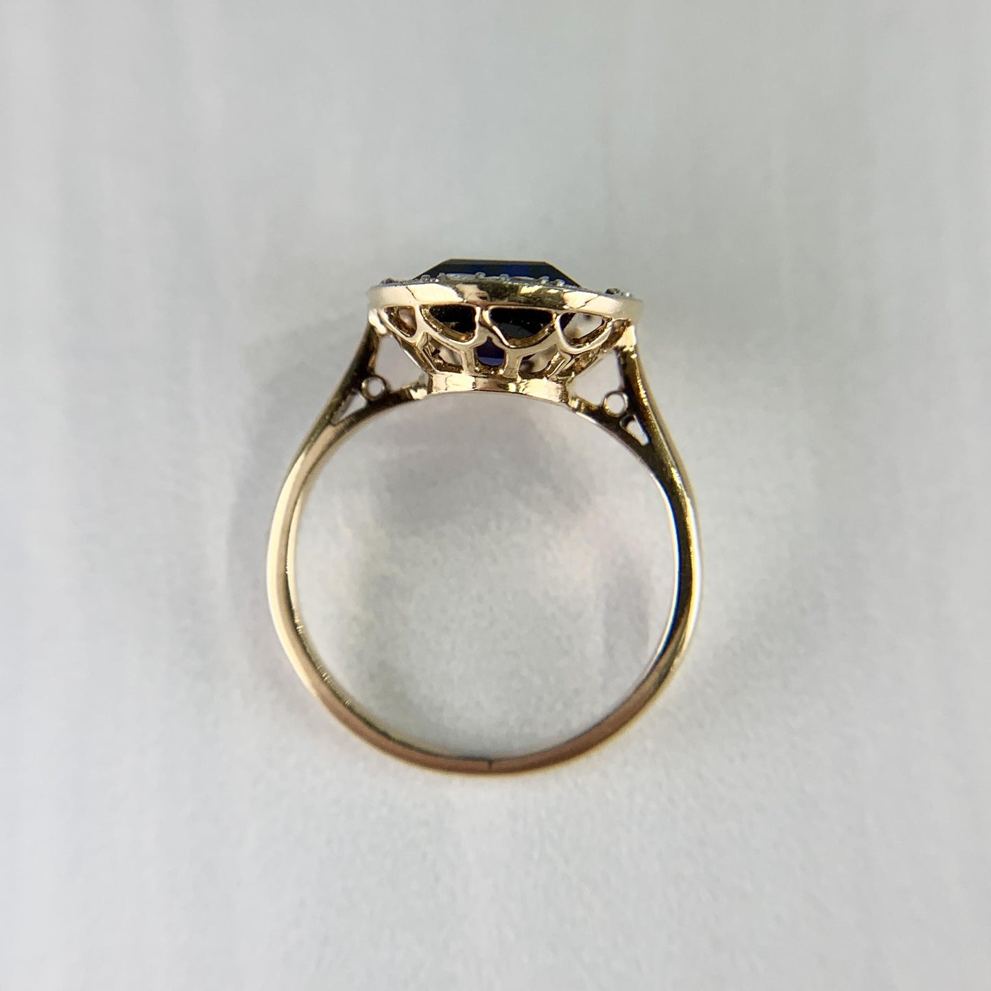 Antique 1930's Lab Grown Sapphire and Rose Cut Diamond Ring 18k Gold