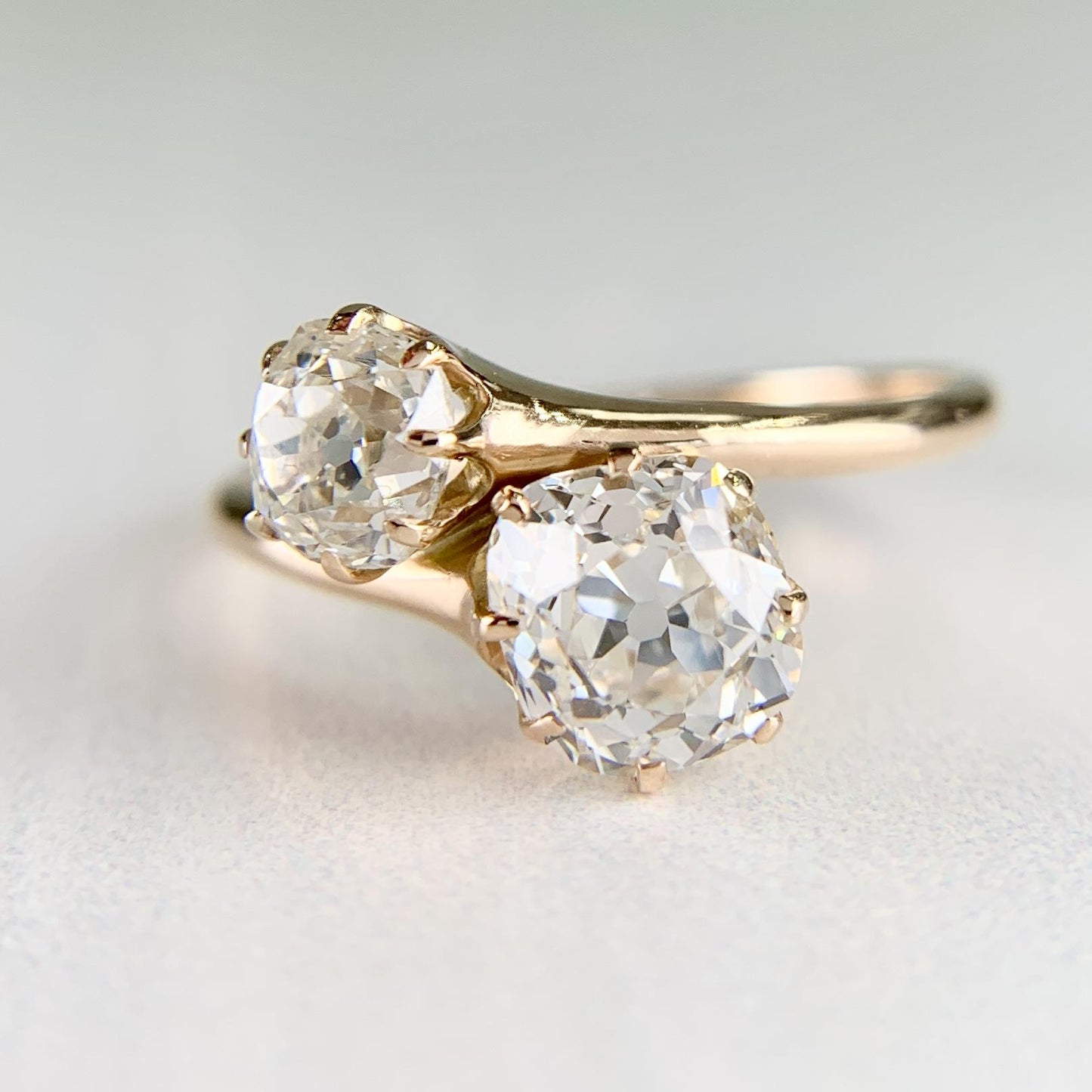 Antique 1890's Victorian Toi Et Moi Old Mine Cut Diamond Bypass Ring 14k Yellow