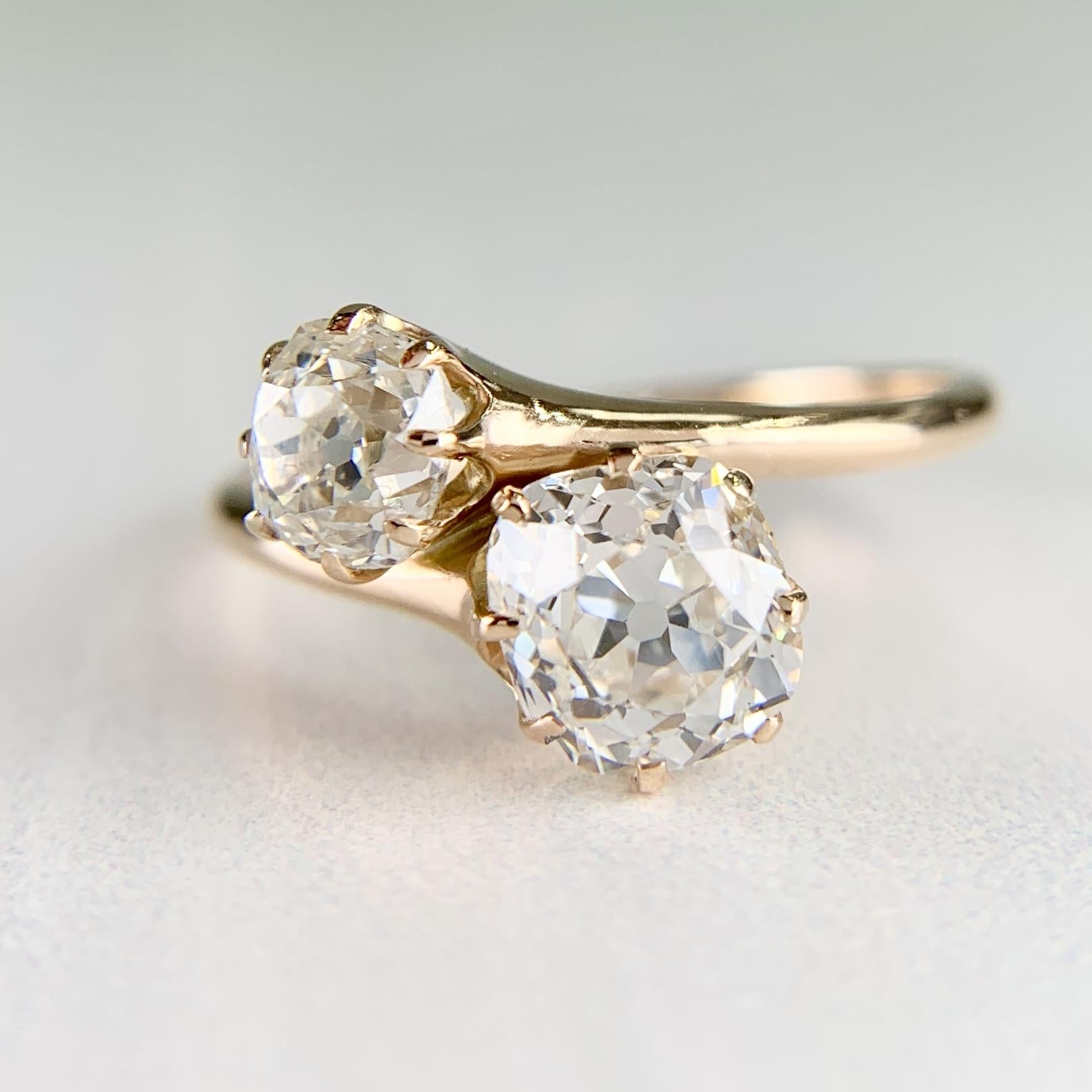 Antique 1890's Victorian Toi Et Moi Old Mine Cut Diamond Bypass Ring 14k Yellow