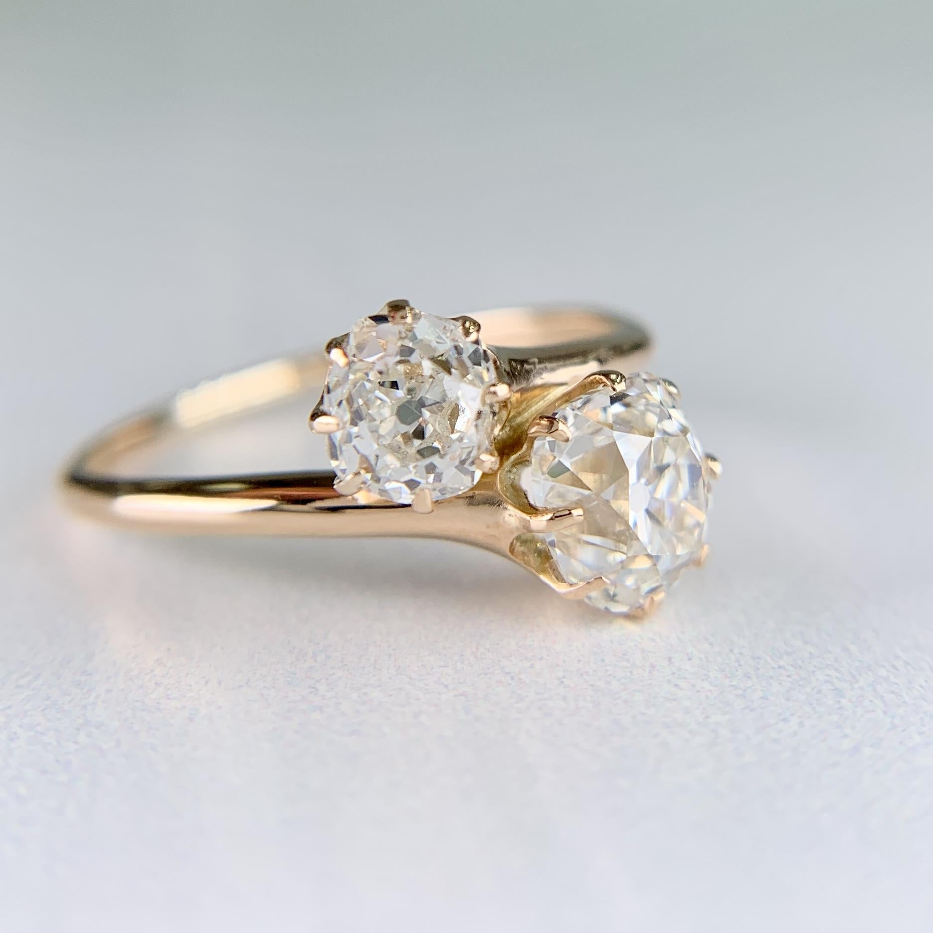 Antique 1890's Victorian Toi Et Moi Old Mine Cut Diamond Bypass Ring 14k Yellow