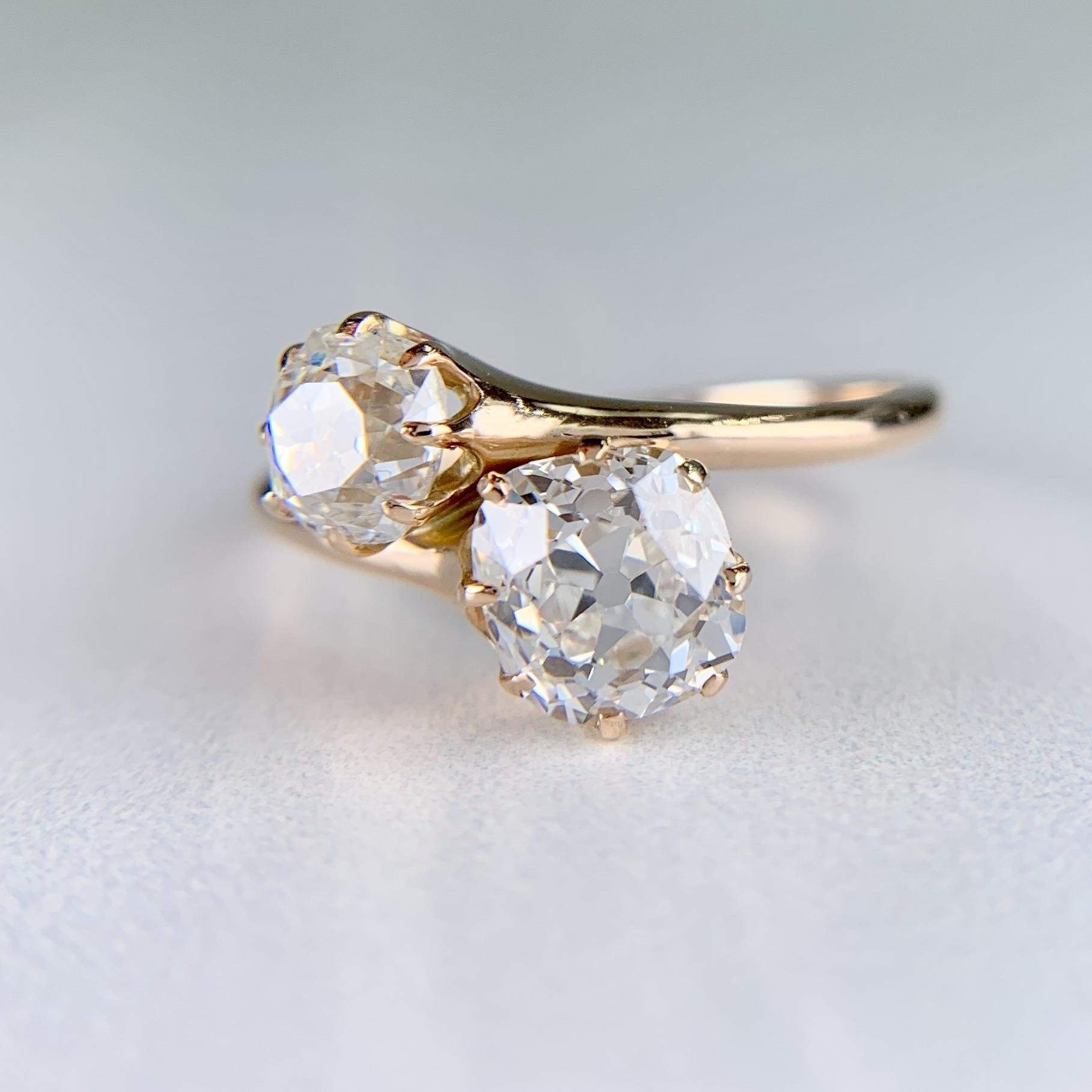 Antique 1890's Victorian Toi Et Moi Old Mine Cut Diamond Bypass Ring 14k Yellow
