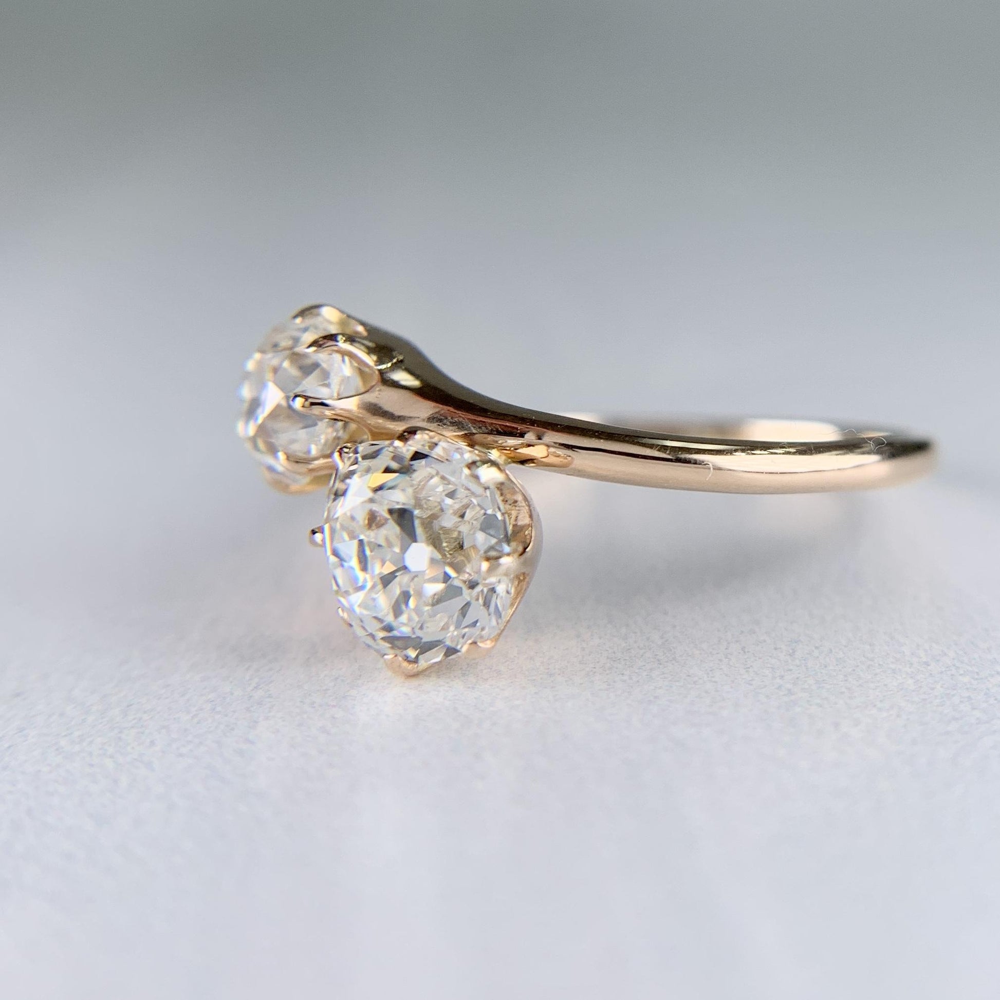 Antique 1890's Victorian Toi Et Moi Old Mine Cut Diamond Bypass Ring 14k Yellow
