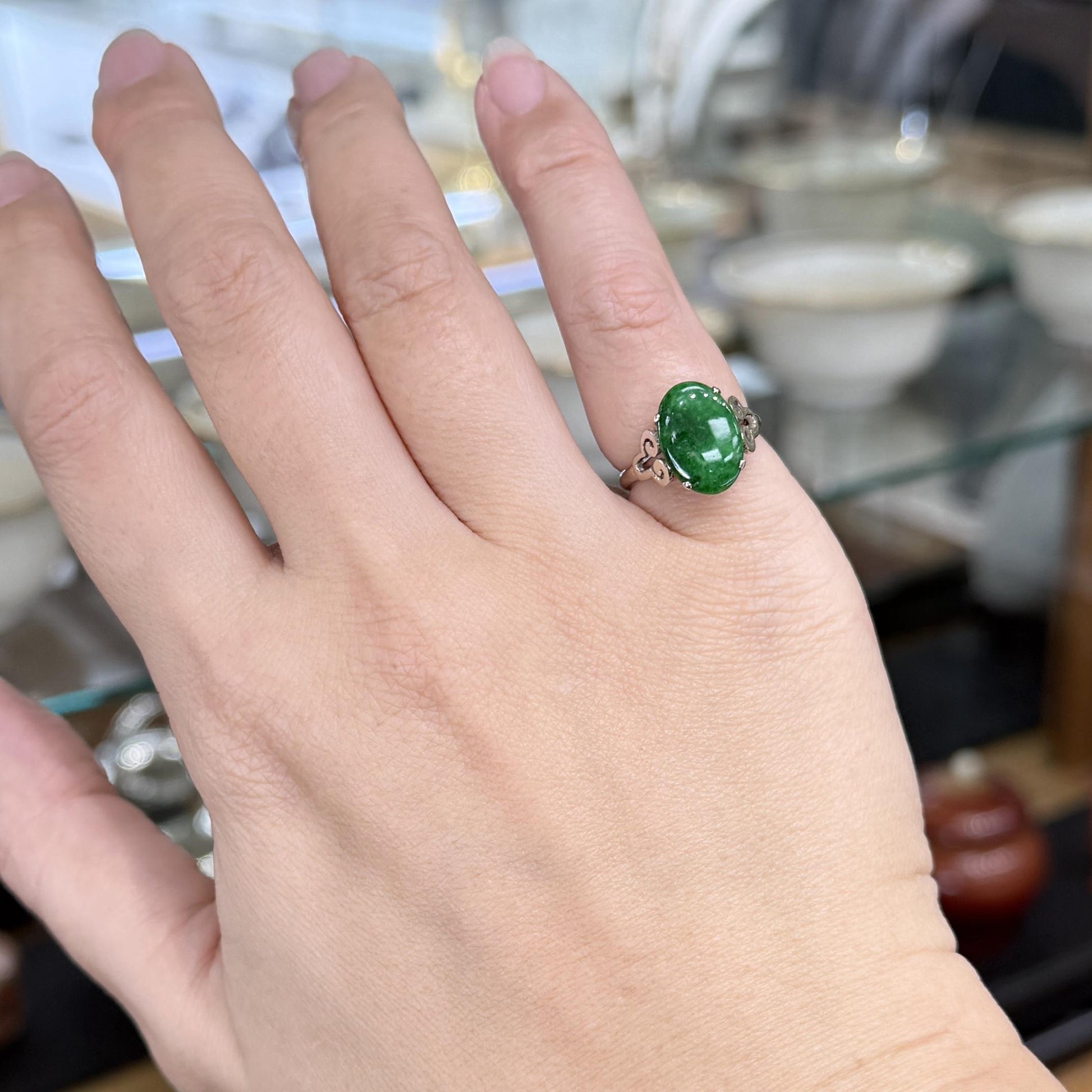 1940's Vintage Jadeite Jade Ring 14k White Gold