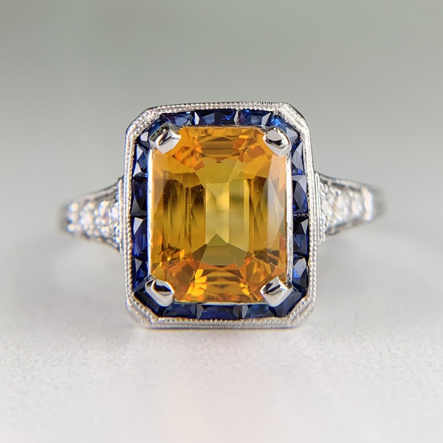 Sapphire and Diamond Art Deco Inspired Ring Platinum