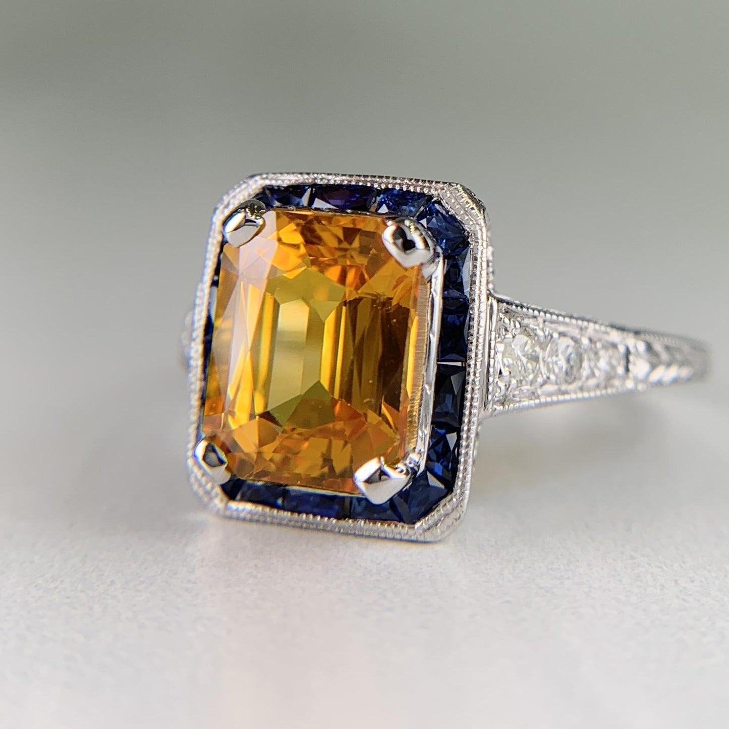 Sapphire and Diamond Art Deco Inspired Ring Platinum